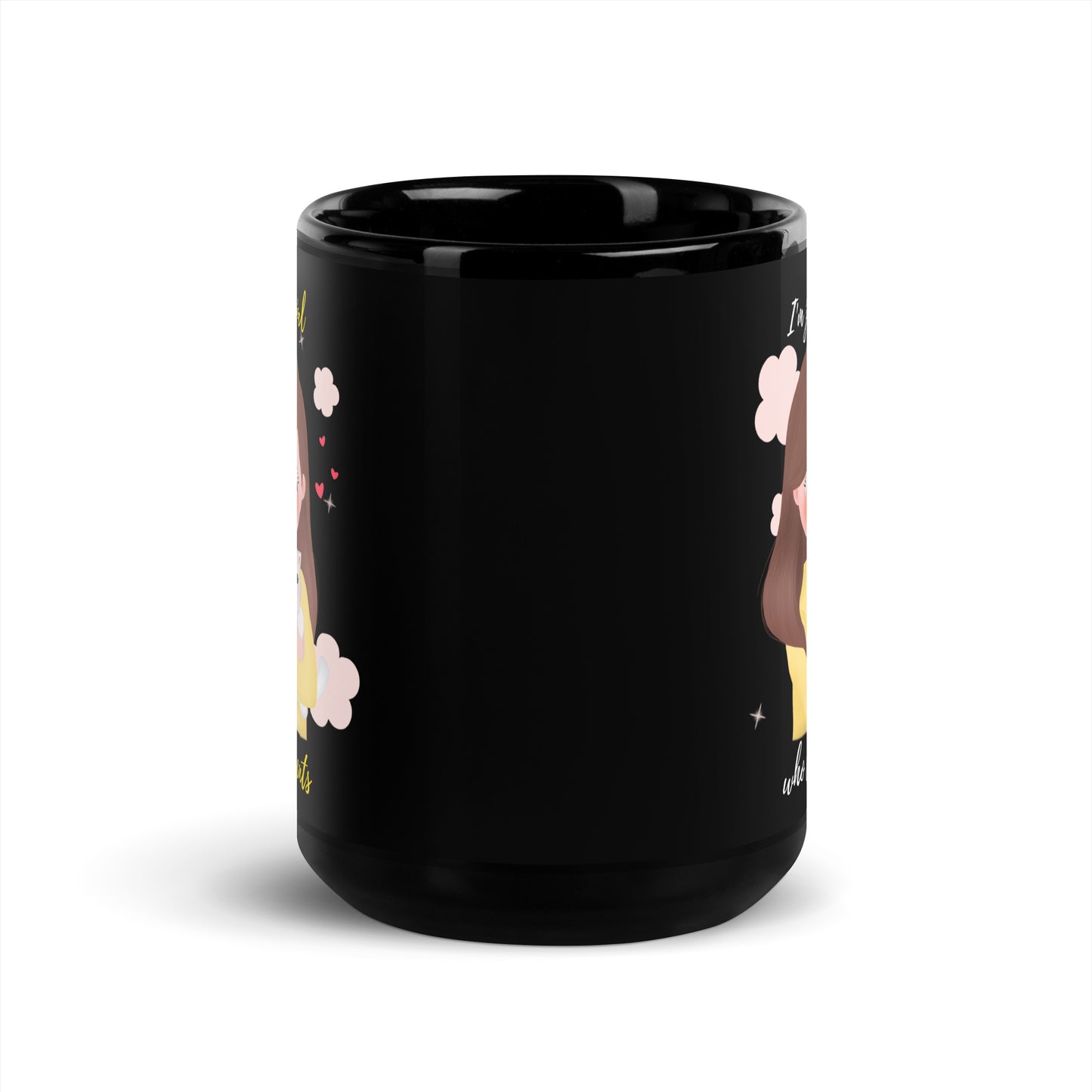 Black Glossy Mug - I'm just a girl who loves cats - Yellow