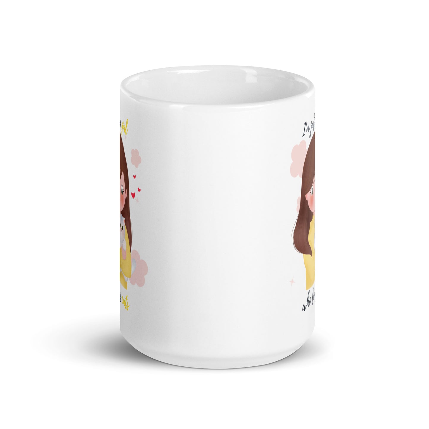 White glossy mug - I'm just a girl who loves cats - Yellow
