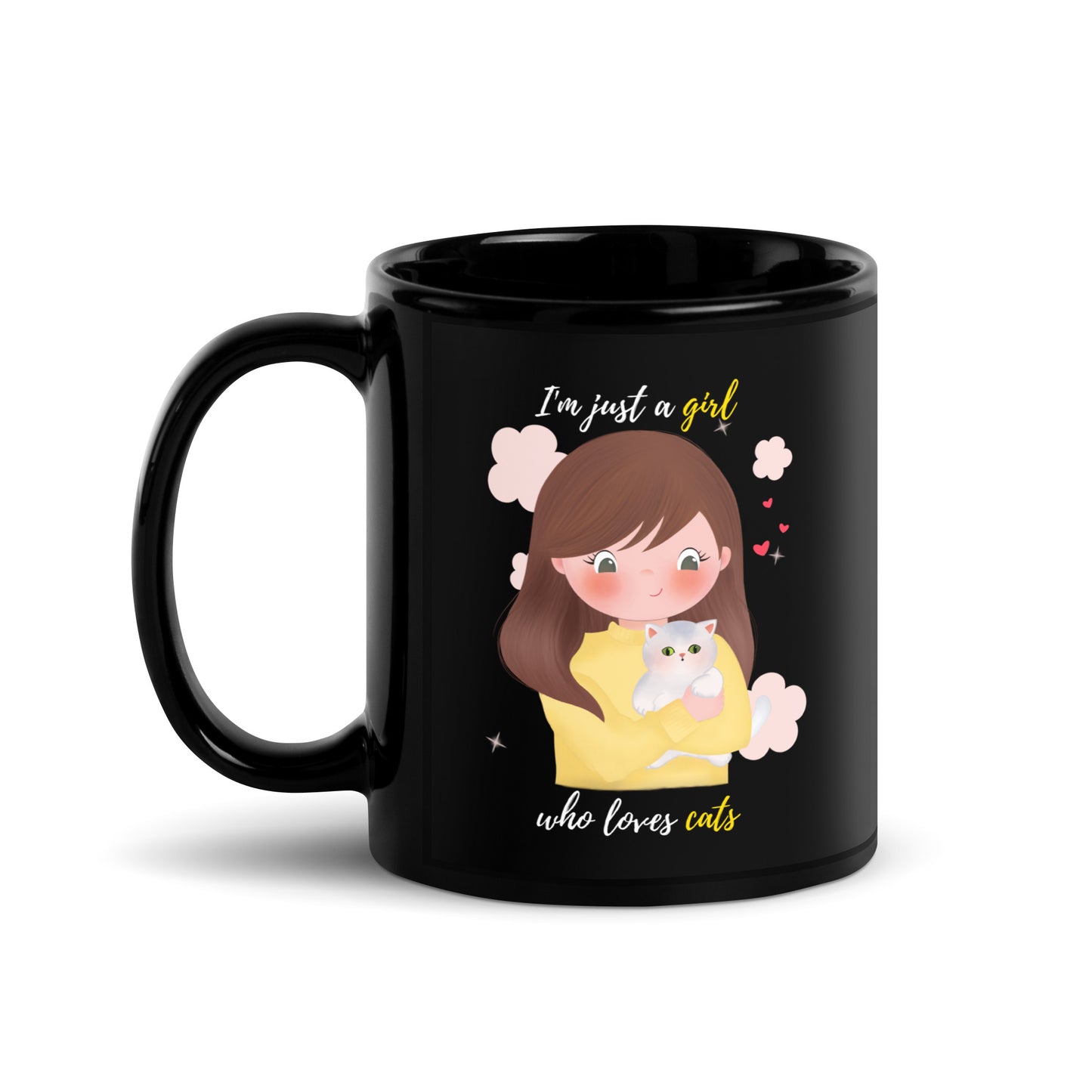 Black Glossy Mug - I'm just a girl who loves cats - Yellow