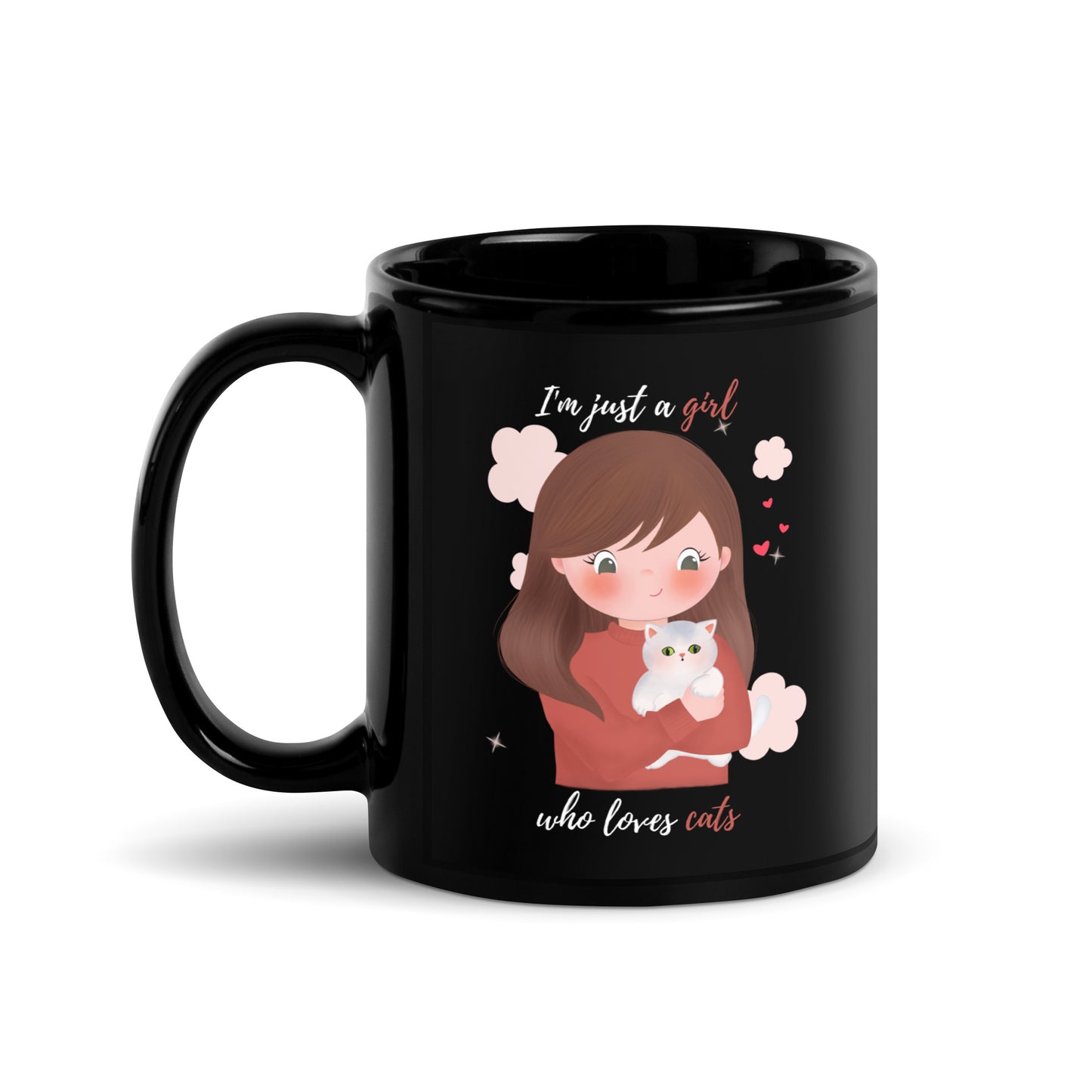 Black Glossy Mug - I'm just a girl who loves cats - Maroon