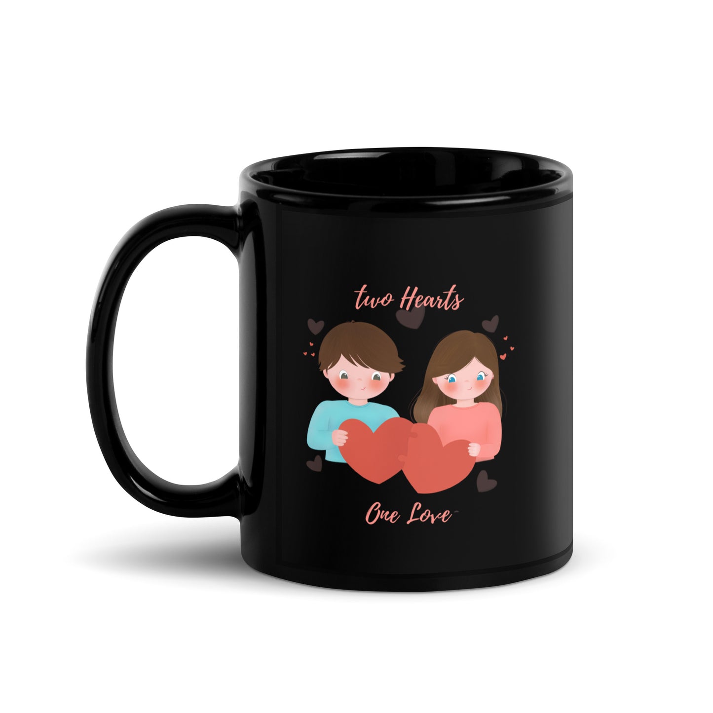 Black Glossy Mug - Two Hearts     One Love
