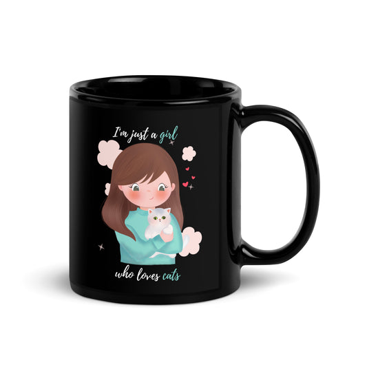Black Glossy Mug - I'm just a girl who loves cats - Turquoise