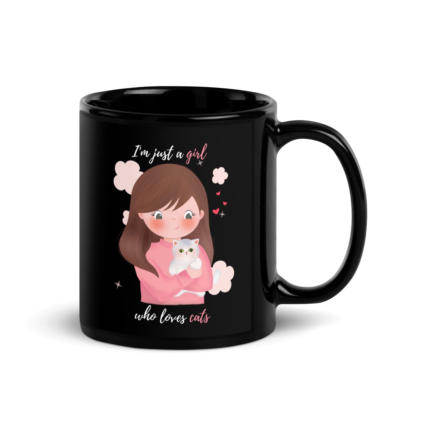 Black Glossy Mug - I'm just a girl who loves cats - Pink