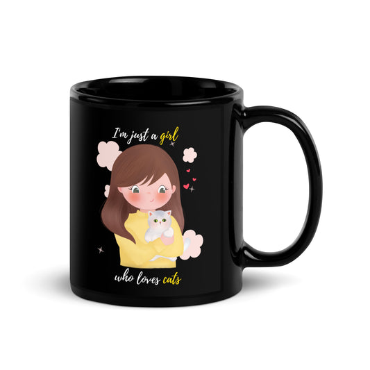 Black Glossy Mug - I'm just a girl who loves cats - Yellow