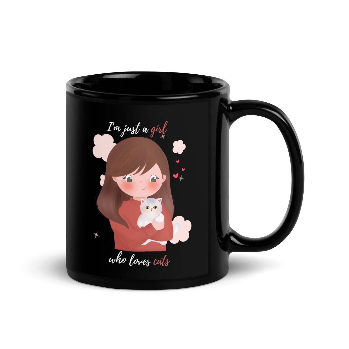 Black Glossy Mug - I'm just a girl who loves cats - Maroon