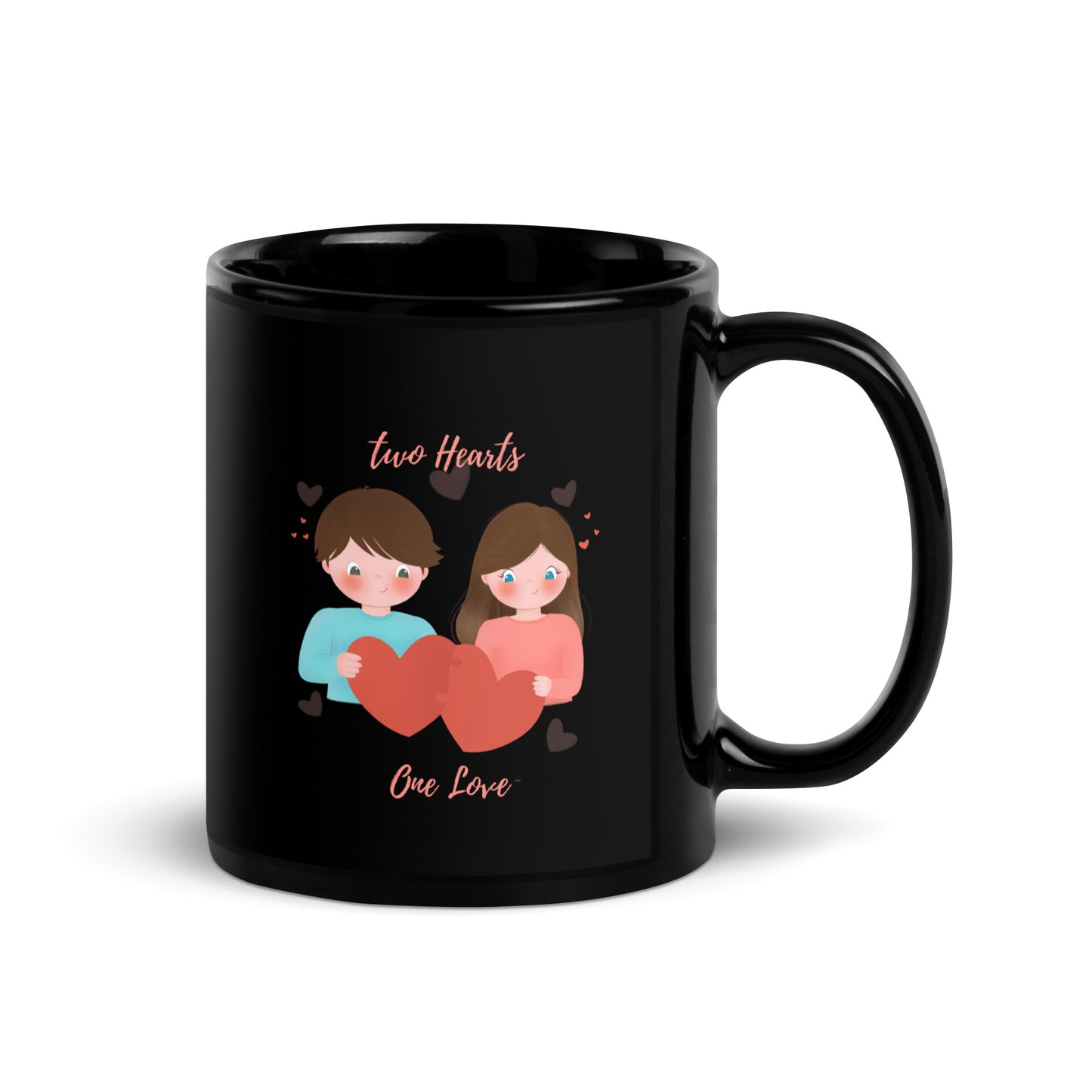 Black Glossy Mug - Two Hearts     One Love