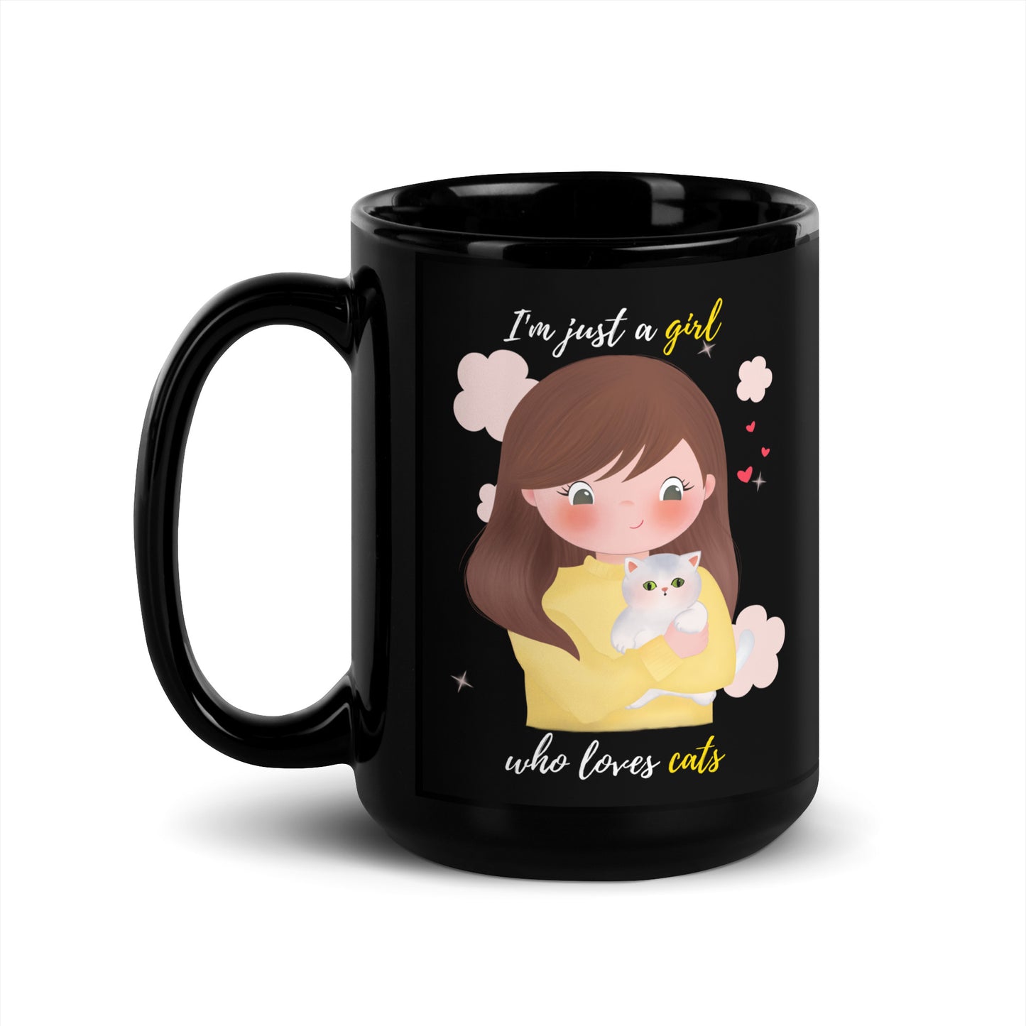 Black Glossy Mug - I'm just a girl who loves cats - Yellow