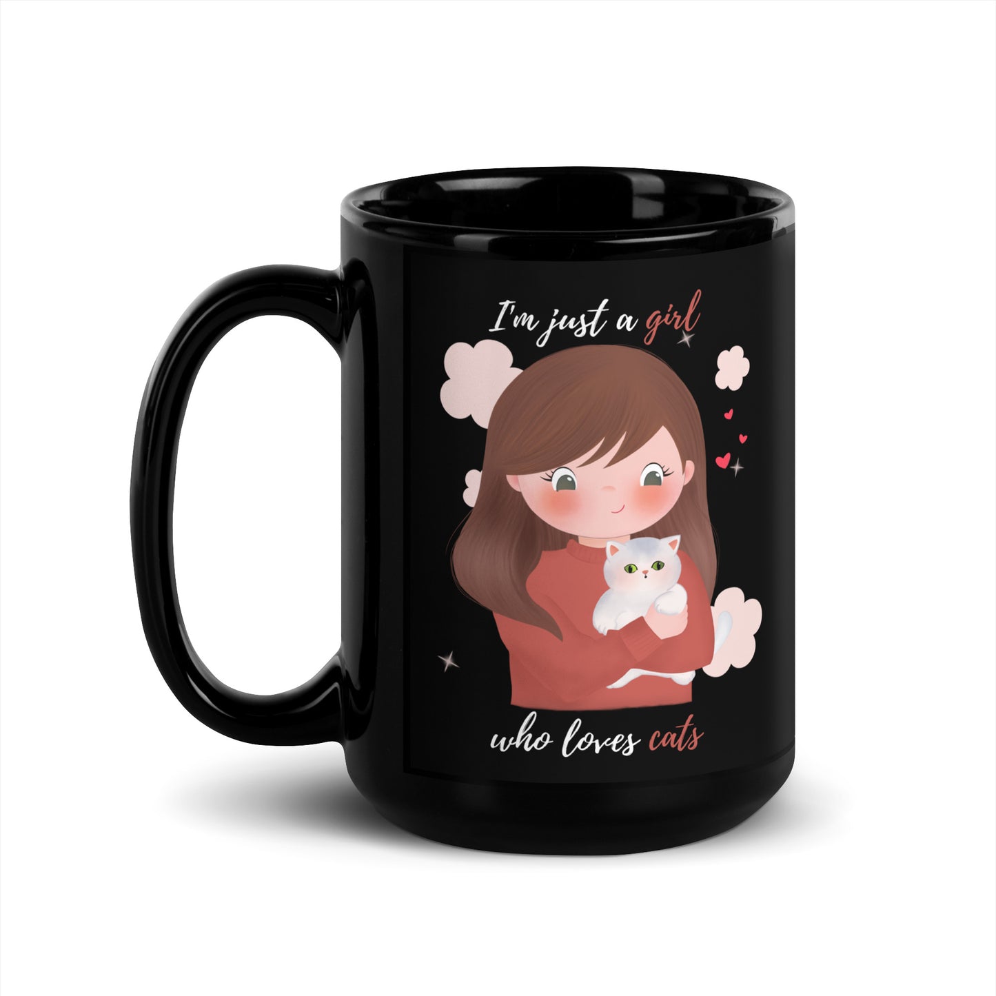 Black Glossy Mug - I'm just a girl who loves cats - Maroon