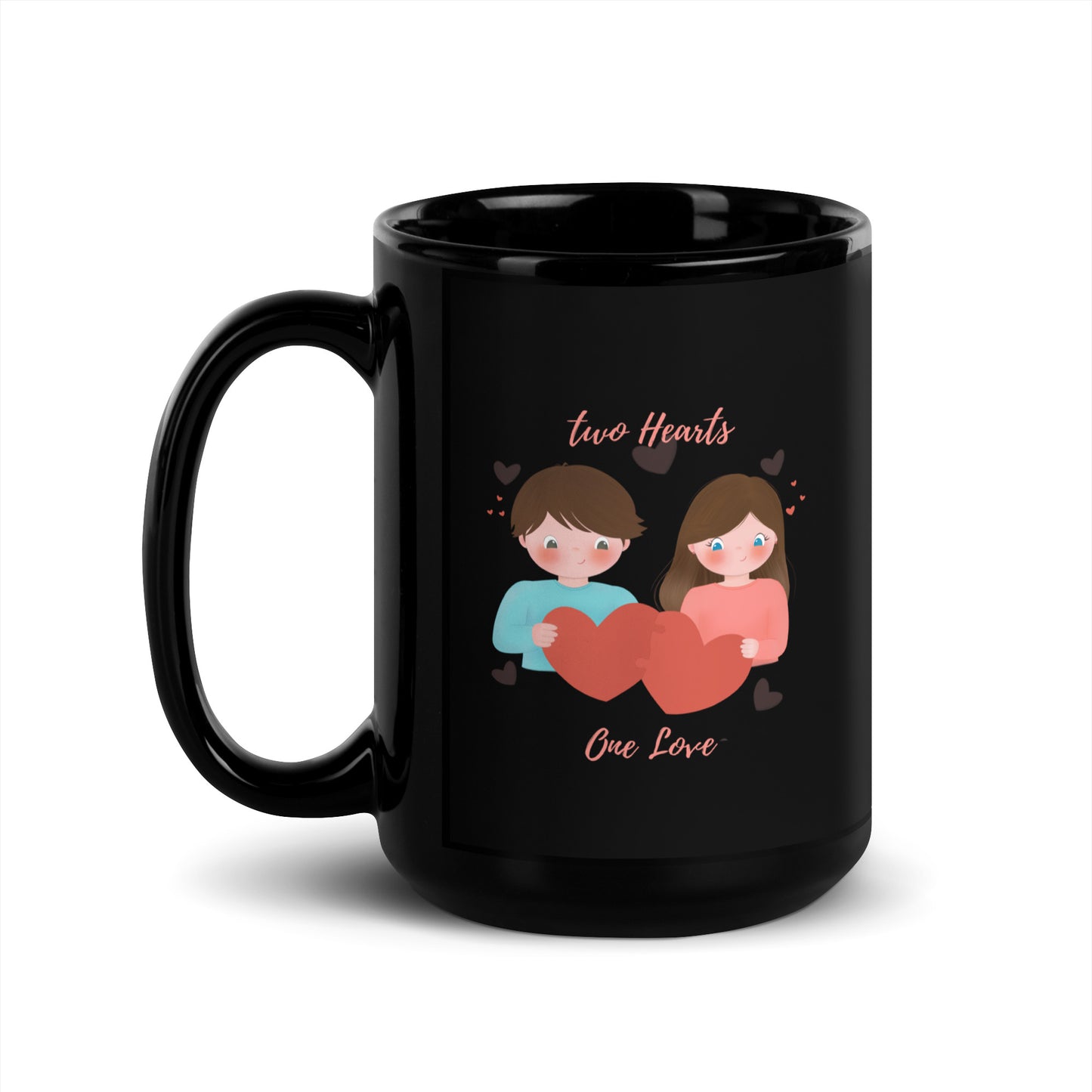 Black Glossy Mug - Two Hearts     One Love