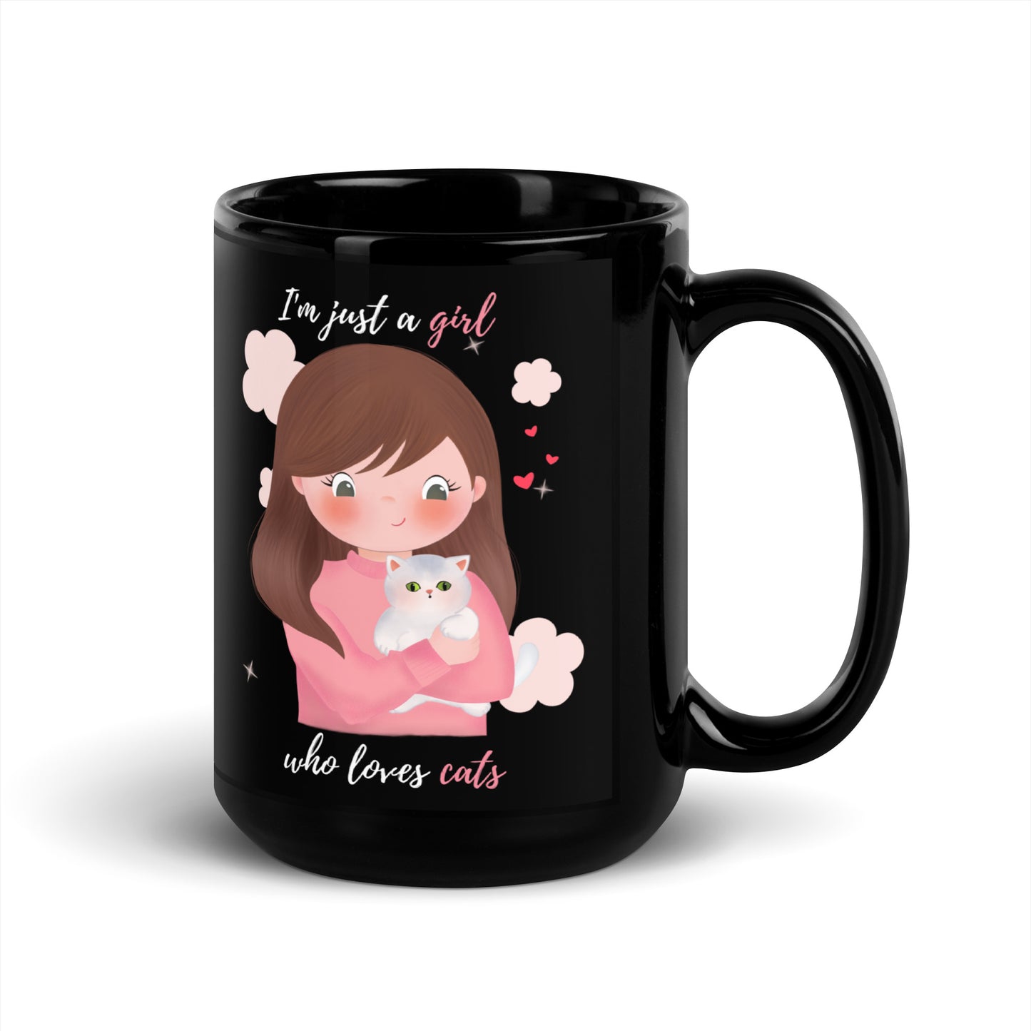 Black Glossy Mug - I'm just a girl who loves cats - Pink