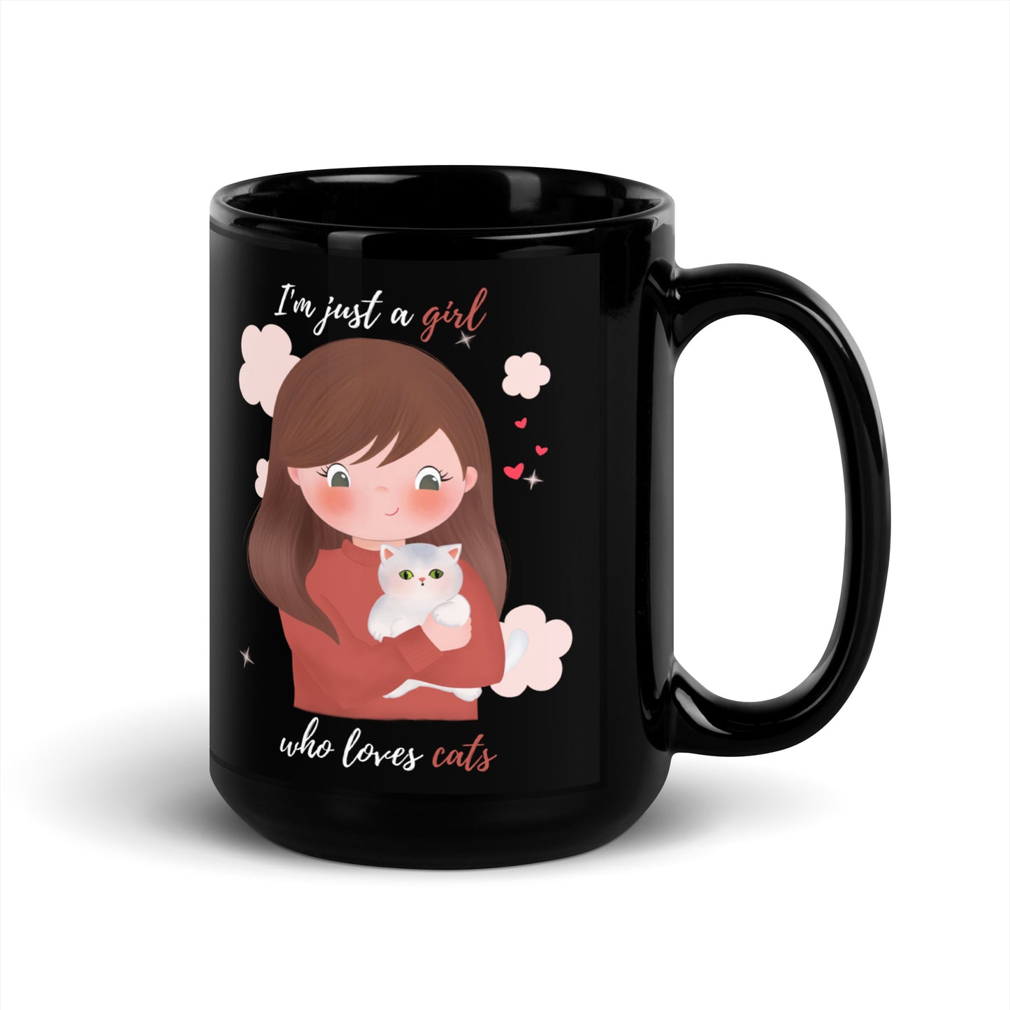 Black Glossy Mug - I'm just a girl who loves cats - Maroon