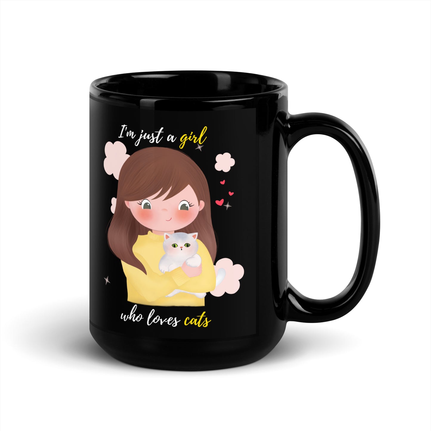 Black Glossy Mug - I'm just a girl who loves cats - Yellow