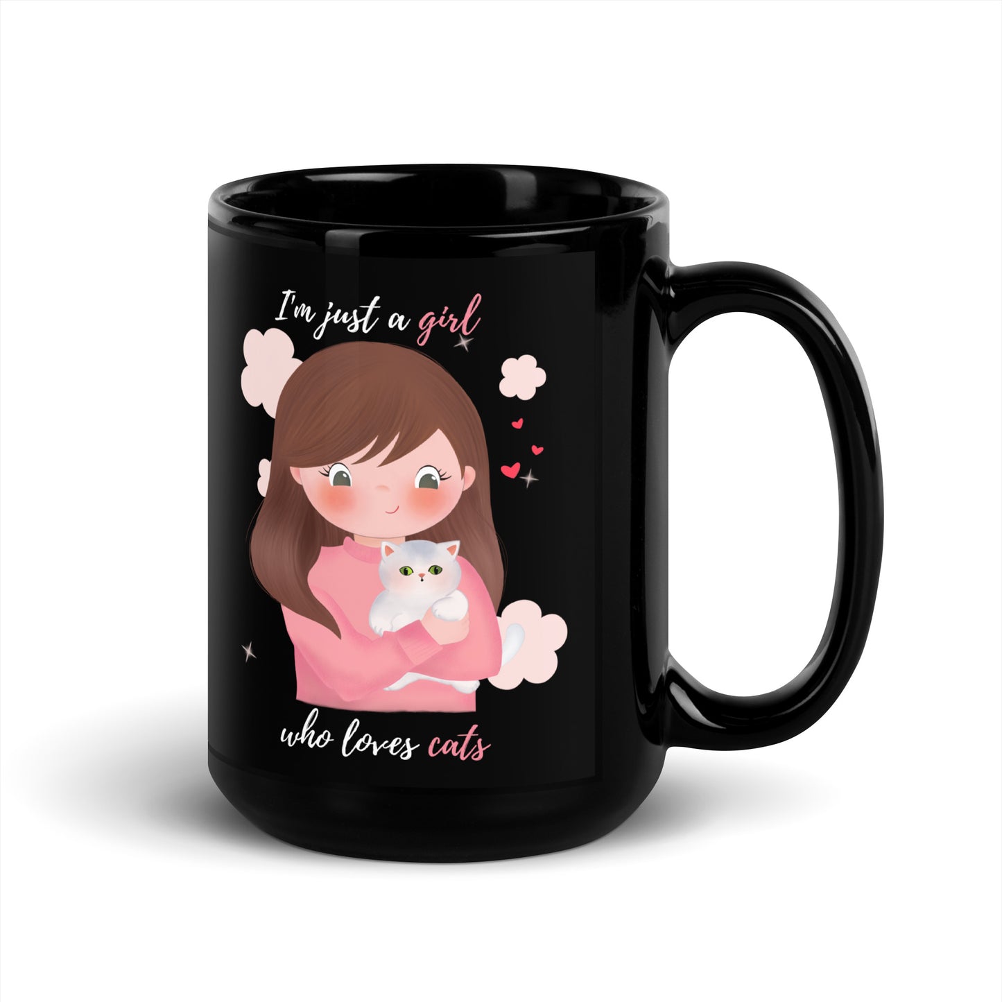 Black Glossy Mug - I'm just a girl who loves cats - Pink