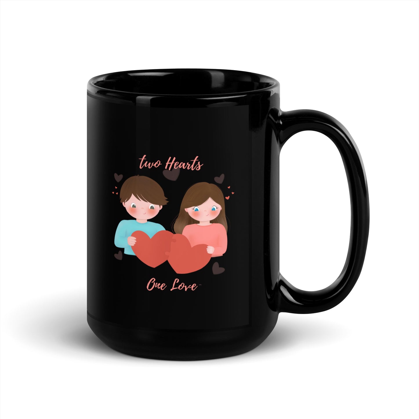 Black Glossy Mug - Two Hearts     One Love