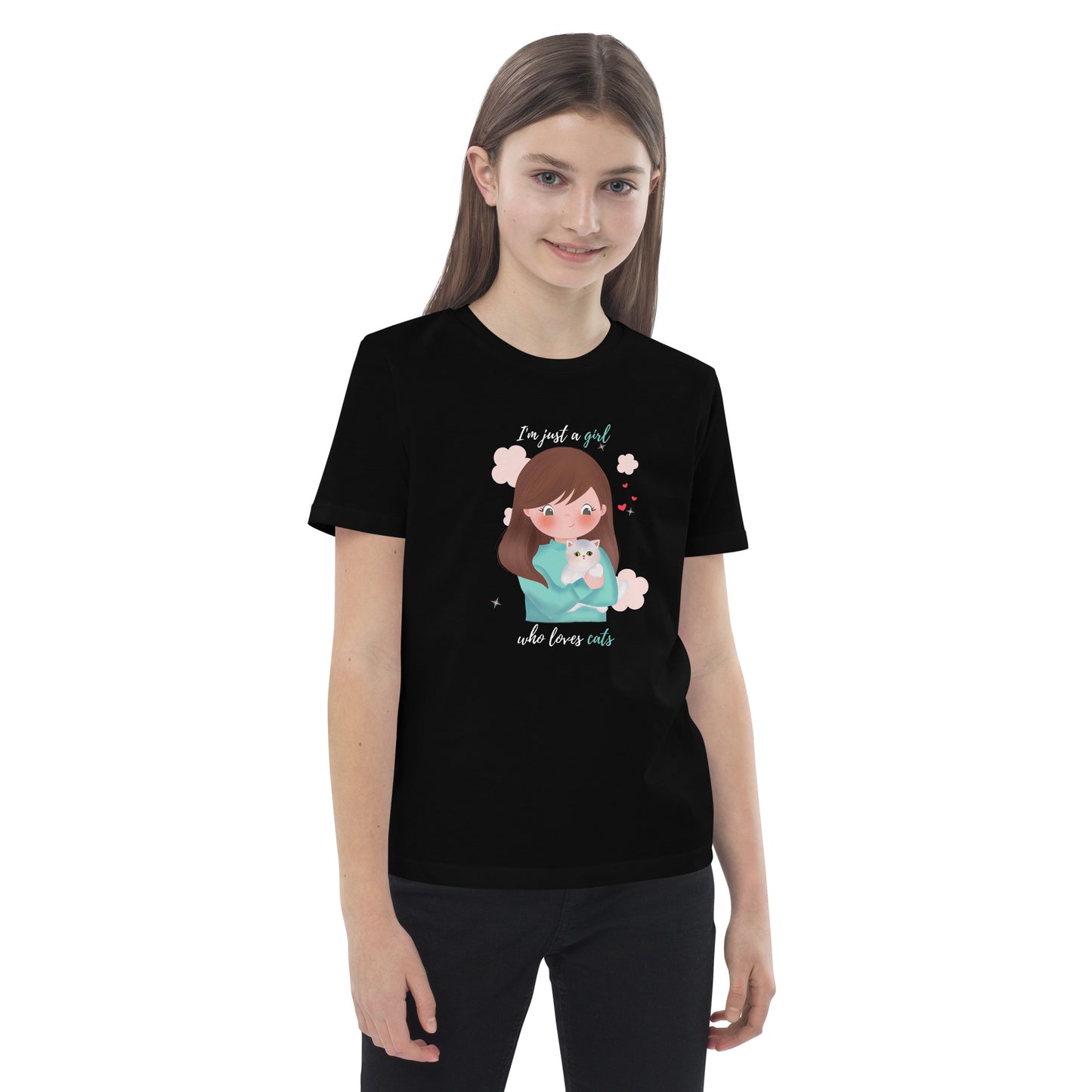 Organic cotton kids t-shirt - I'm just a girl who loves cats - Turquoise