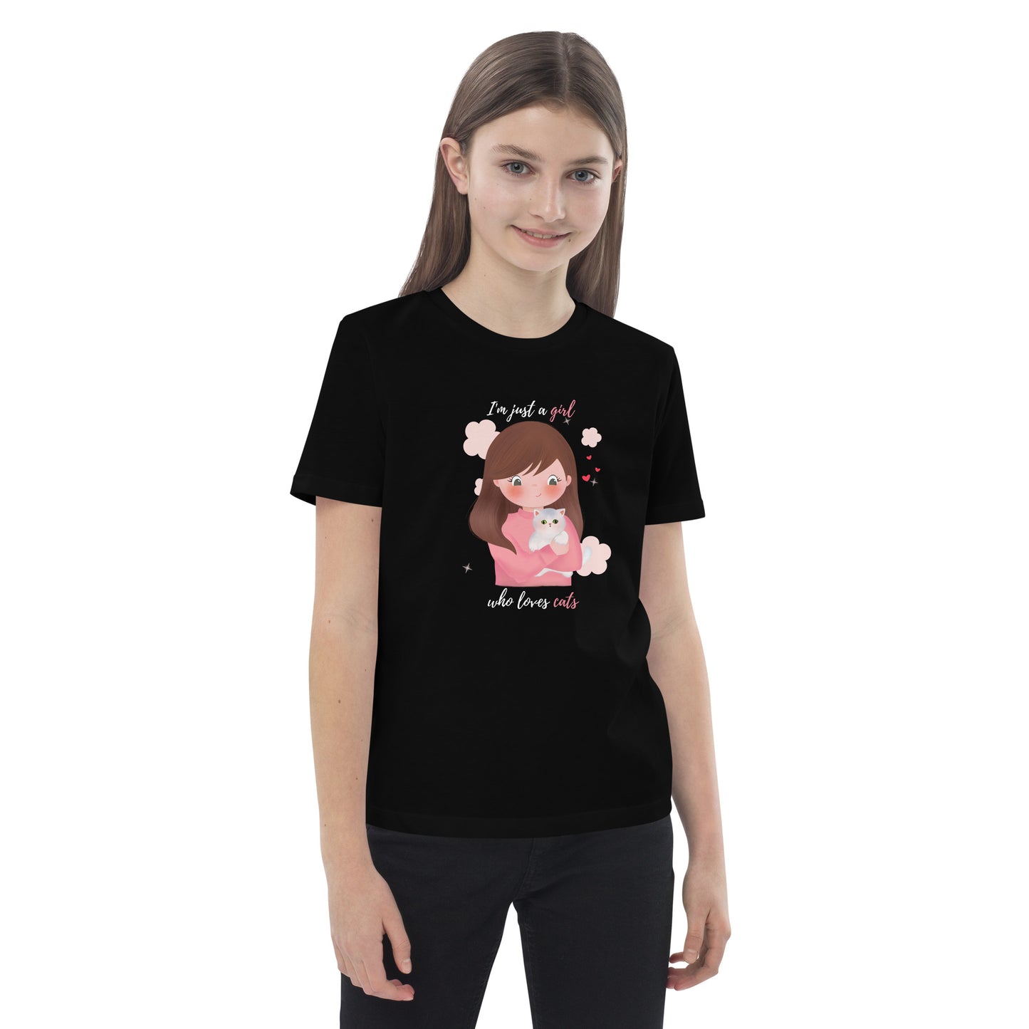 Organic cotton kids t-shirt - I'm just a girl who loves cats - Pink