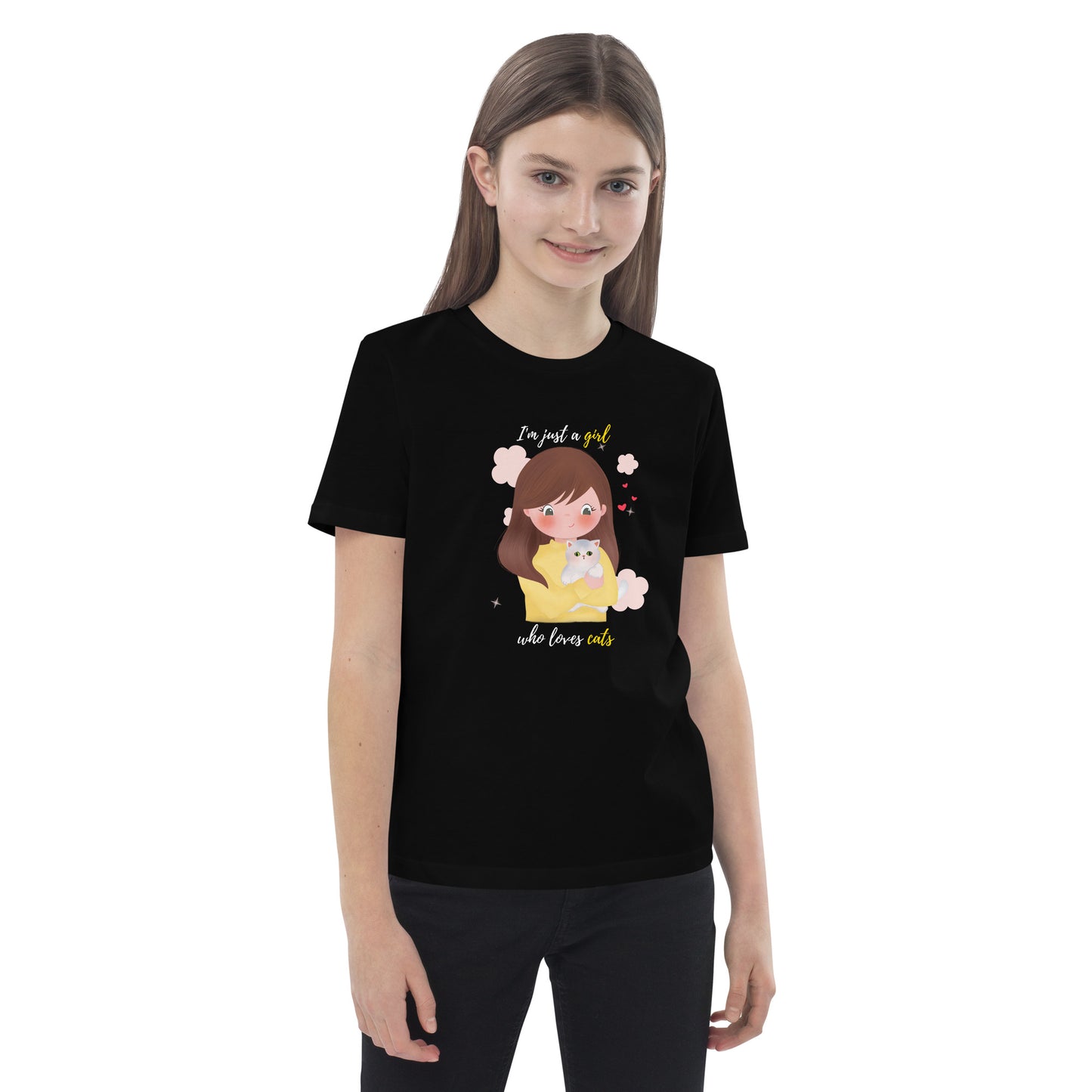 Organic cotton kids t-shirt - I'm just a girl who loves cats - Yellow