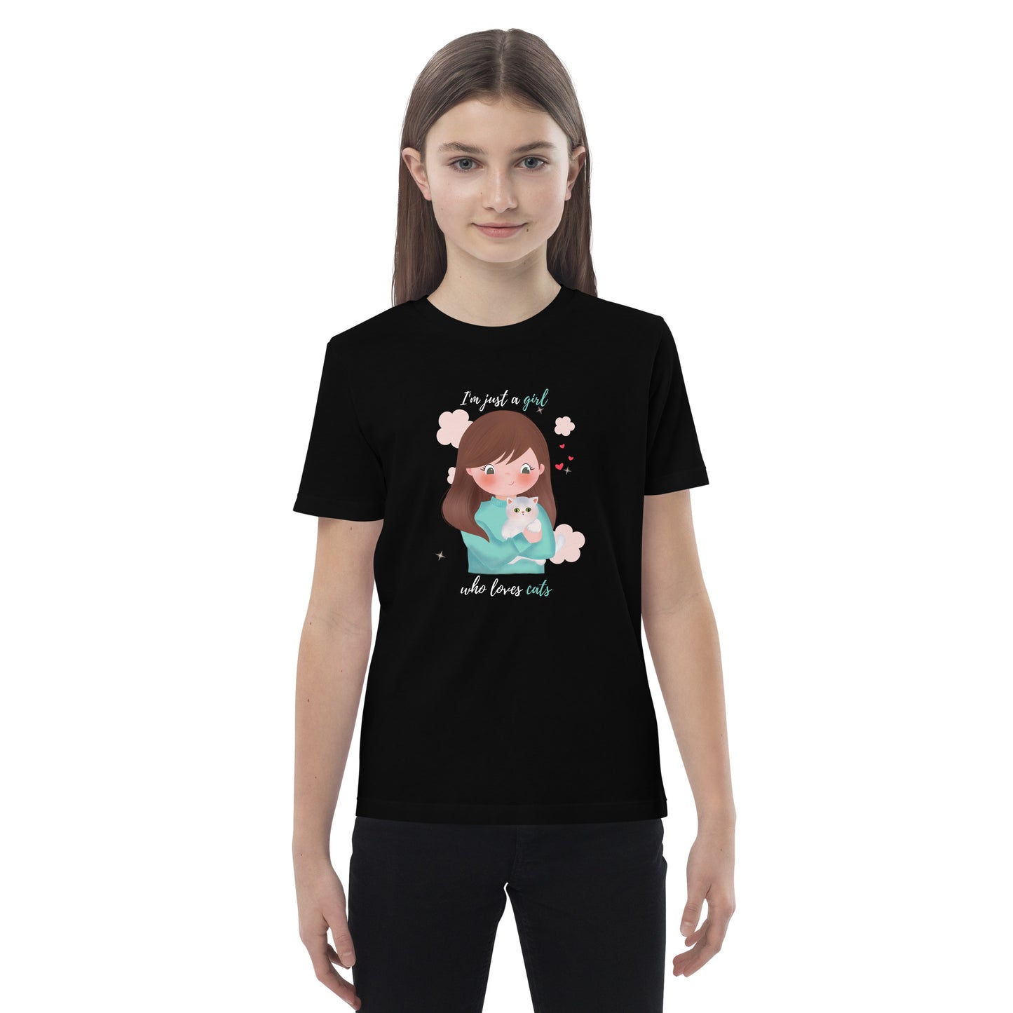 Organic cotton kids t-shirt - I'm just a girl who loves cats - Turquoise