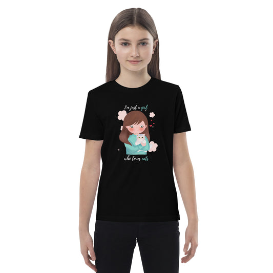 Organic cotton kids t-shirt - I'm just a girl who loves cats - Turquoise