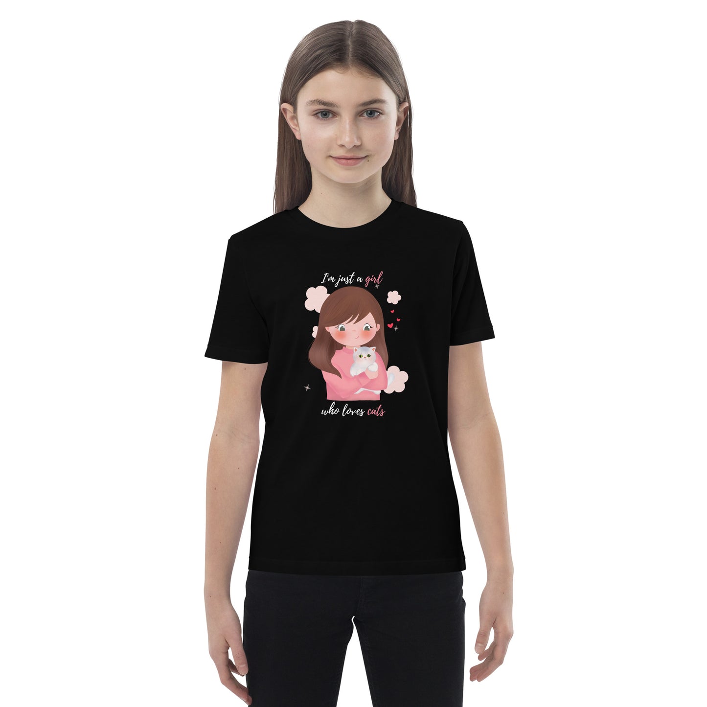 Organic cotton kids t-shirt - I'm just a girl who loves cats - Pink