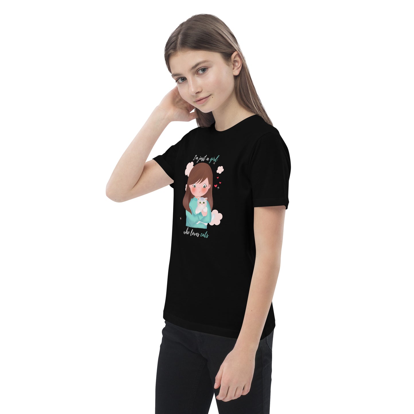 Organic cotton kids t-shirt - I'm just a girl who loves cats - Turquoise