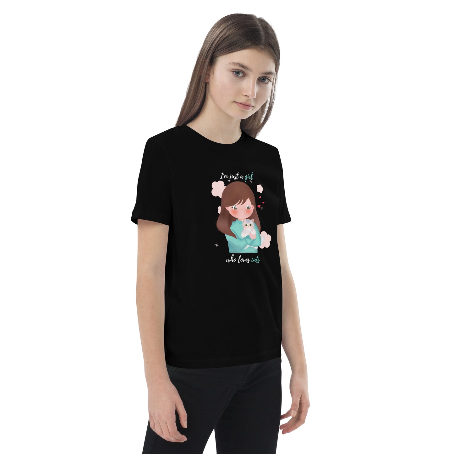 Organic cotton kids t-shirt - I'm just a girl who loves cats - Turquoise