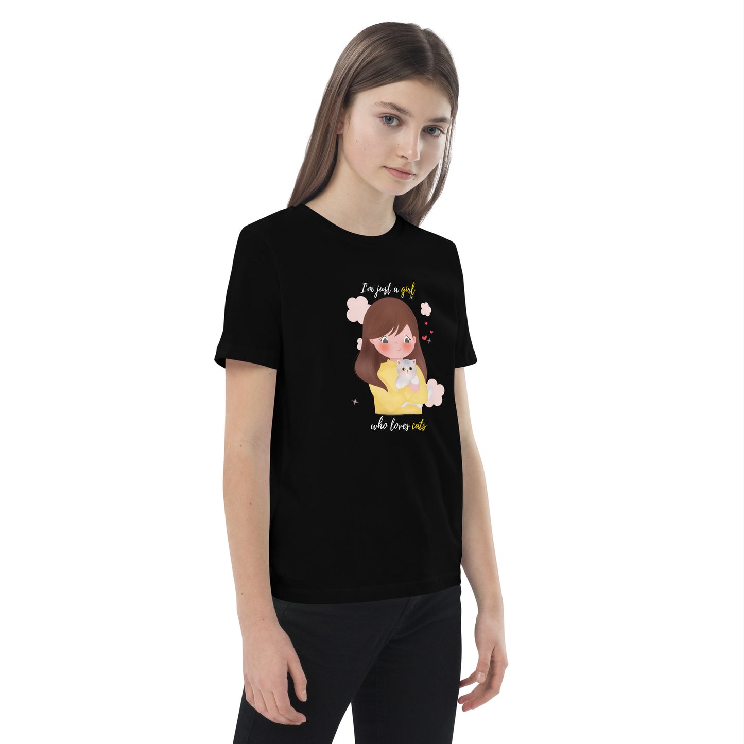 Organic cotton kids t-shirt - I'm just a girl who loves cats - Yellow