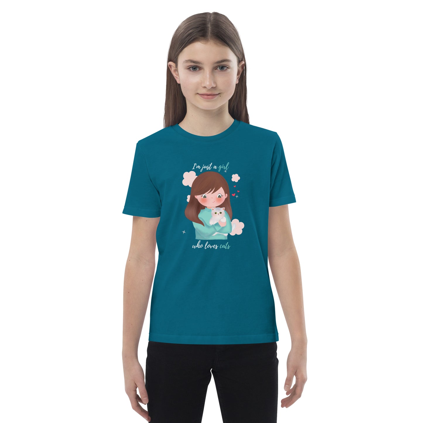 Organic cotton kids t-shirt - I'm just a girl who loves cats - Turquoise