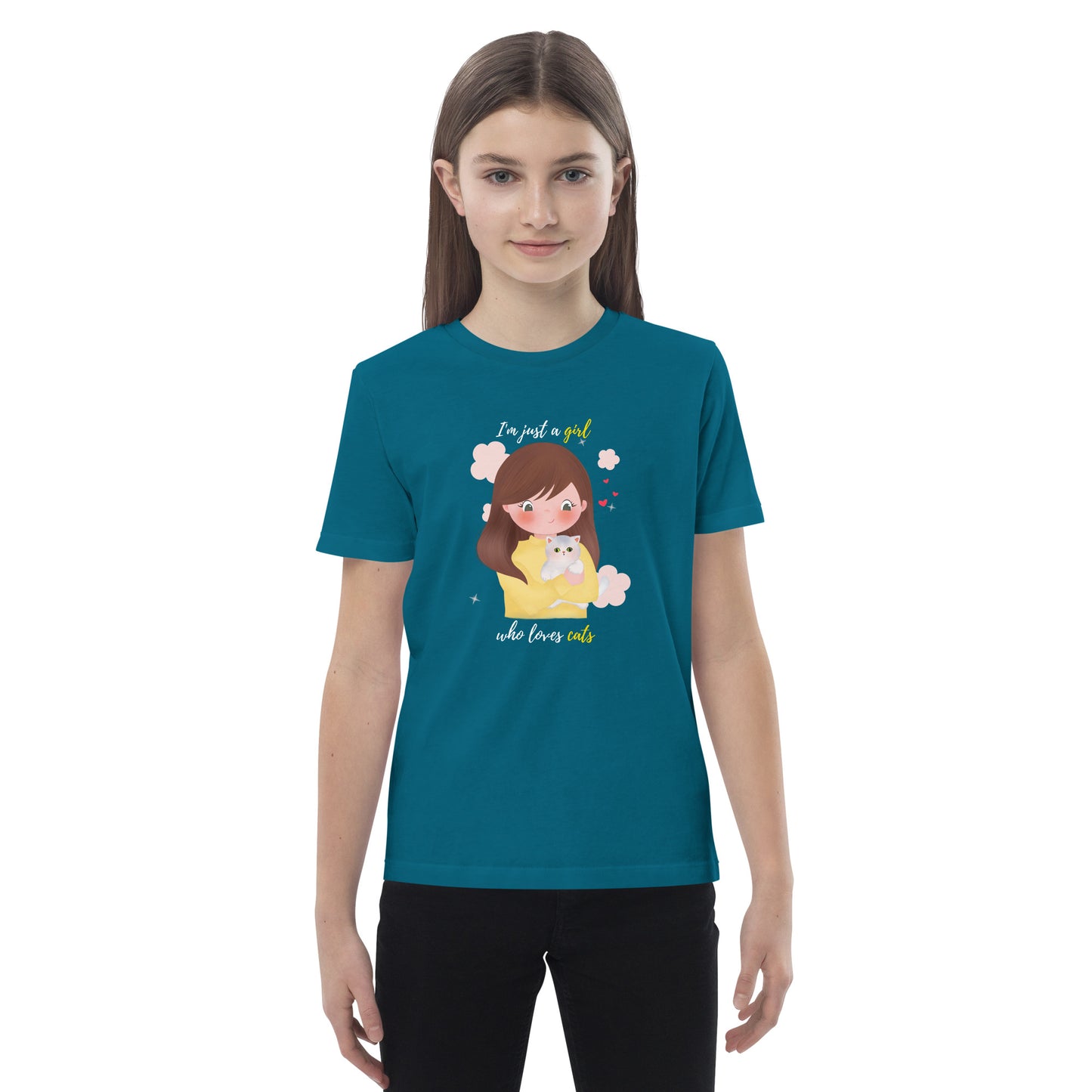 Organic cotton kids t-shirt - I'm just a girl who loves cats - Yellow