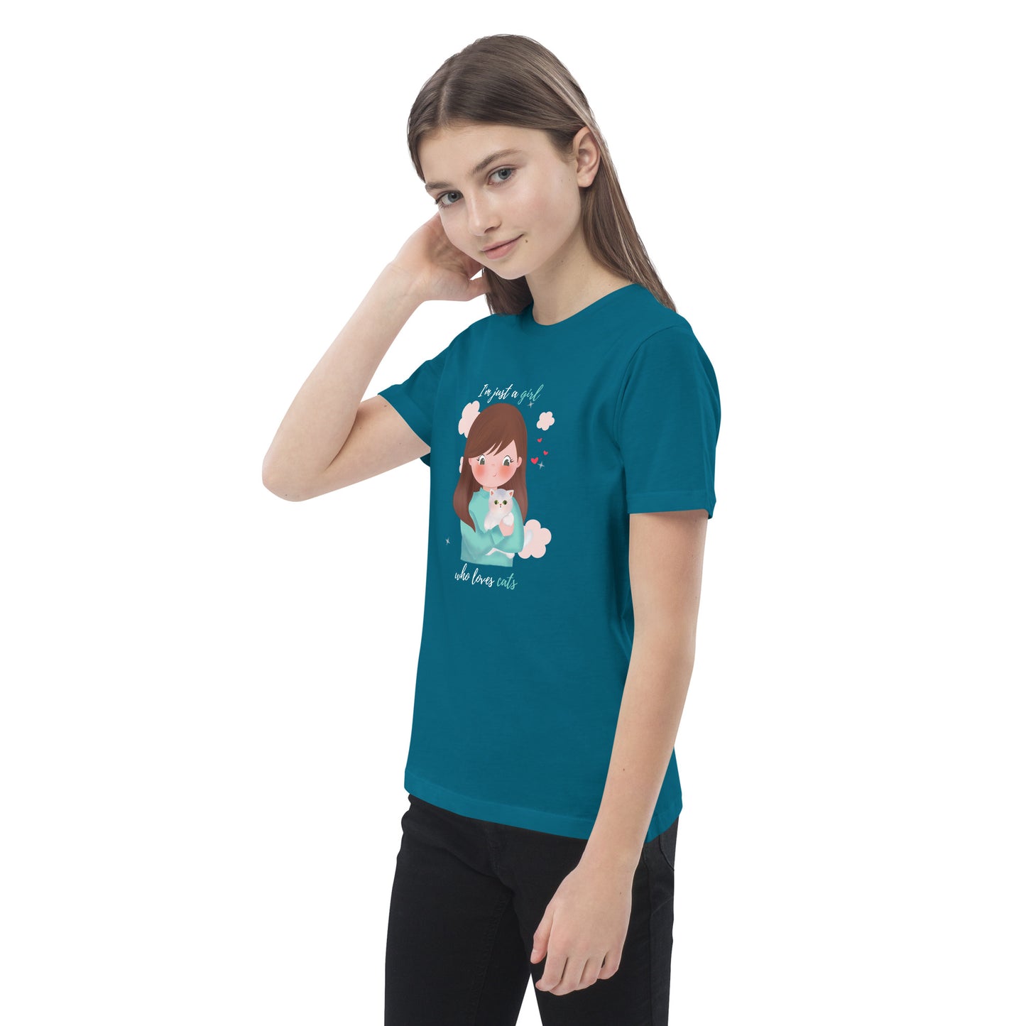 Organic cotton kids t-shirt - I'm just a girl who loves cats - Turquoise
