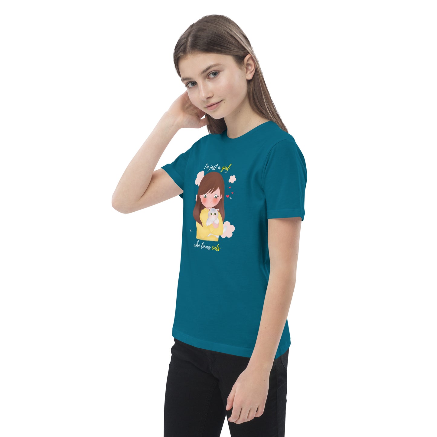Organic cotton kids t-shirt - I'm just a girl who loves cats - Yellow