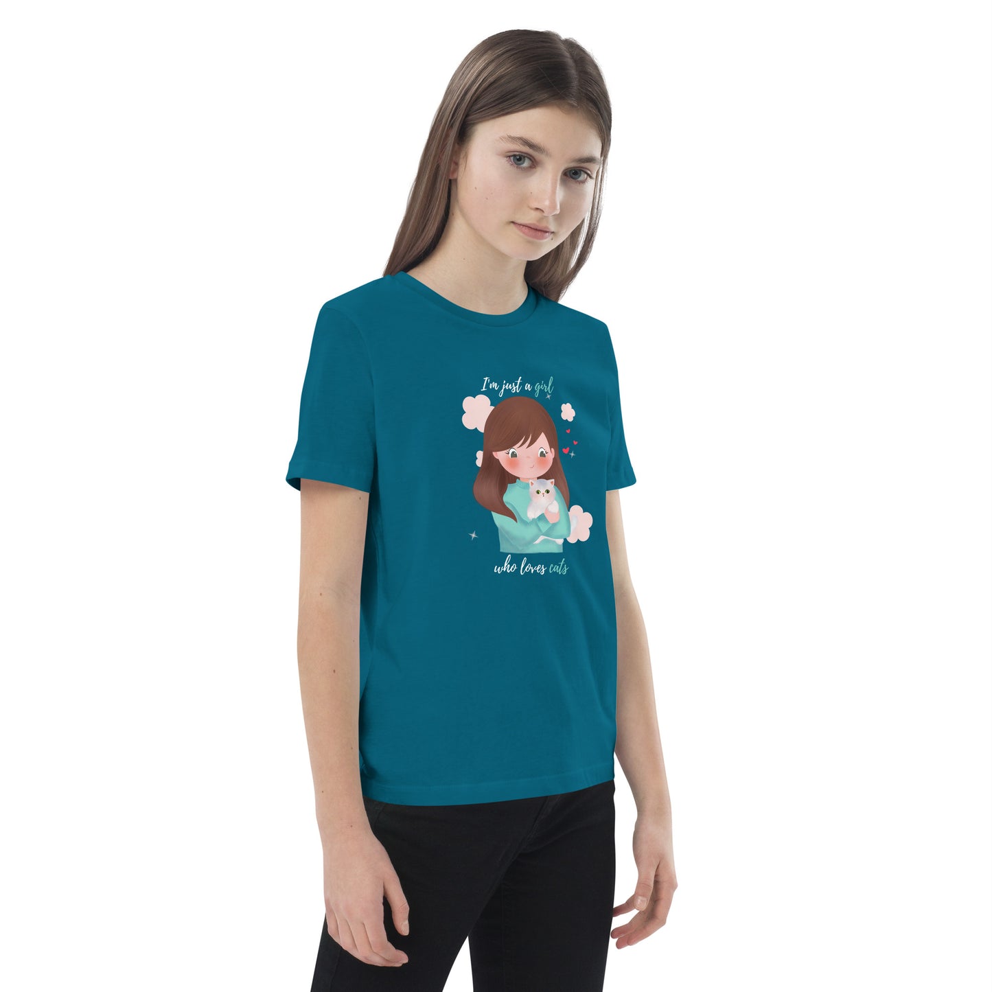 Organic cotton kids t-shirt - I'm just a girl who loves cats - Turquoise