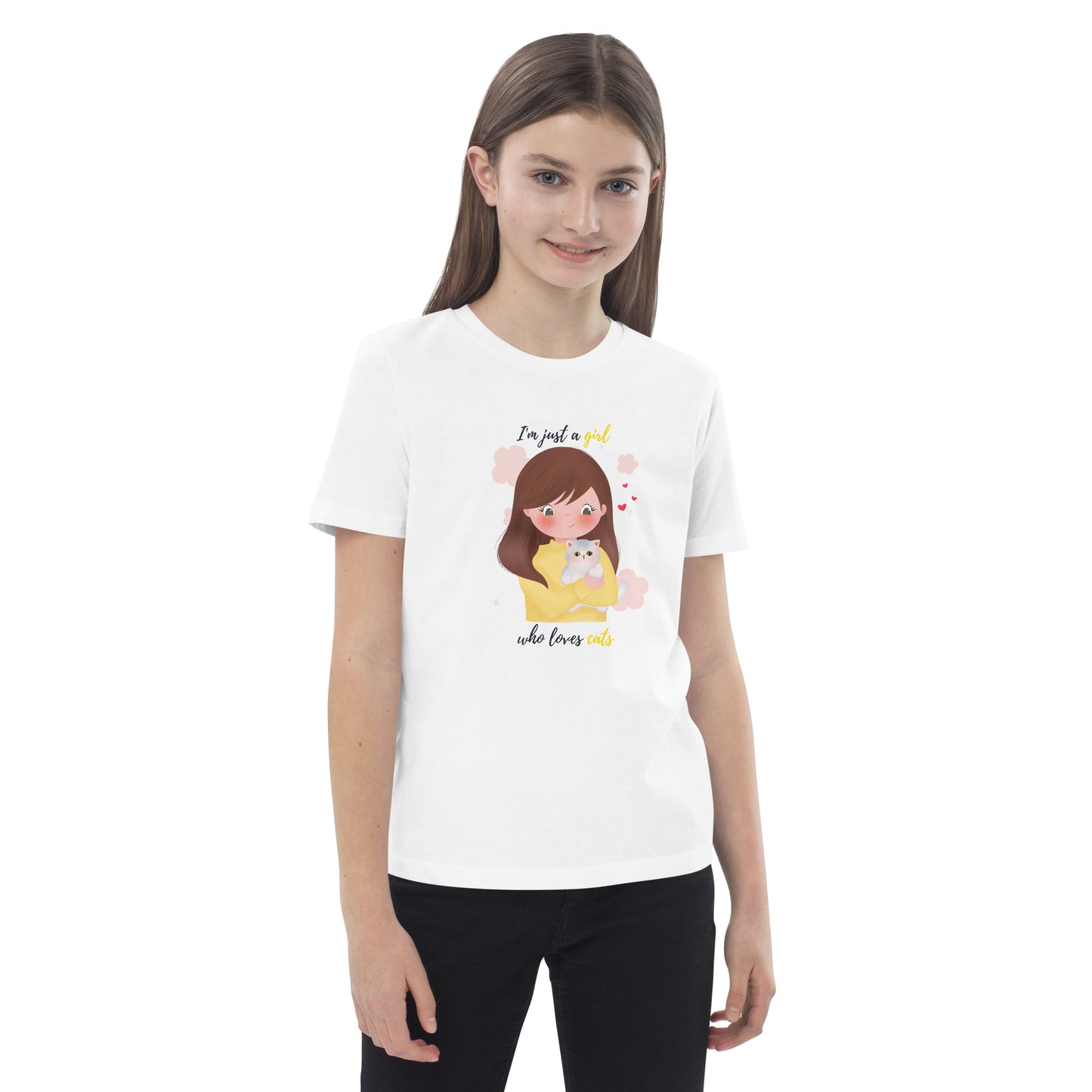 Organic cotton kids t-shirt - I'm just a girl who loves cats - Yellow