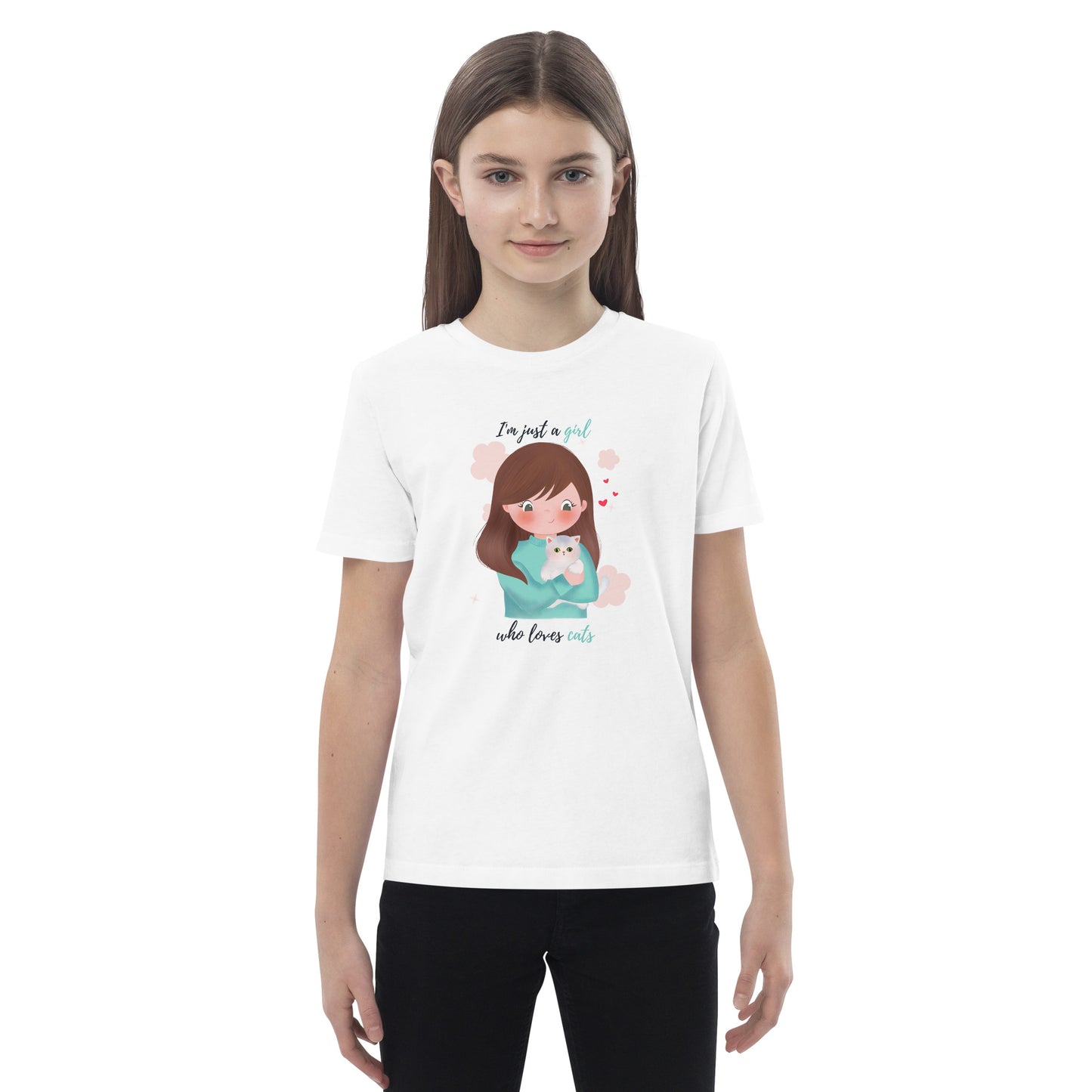 Organic cotton kids t-shirt - I'm just a girl who loves cats - Turquoise