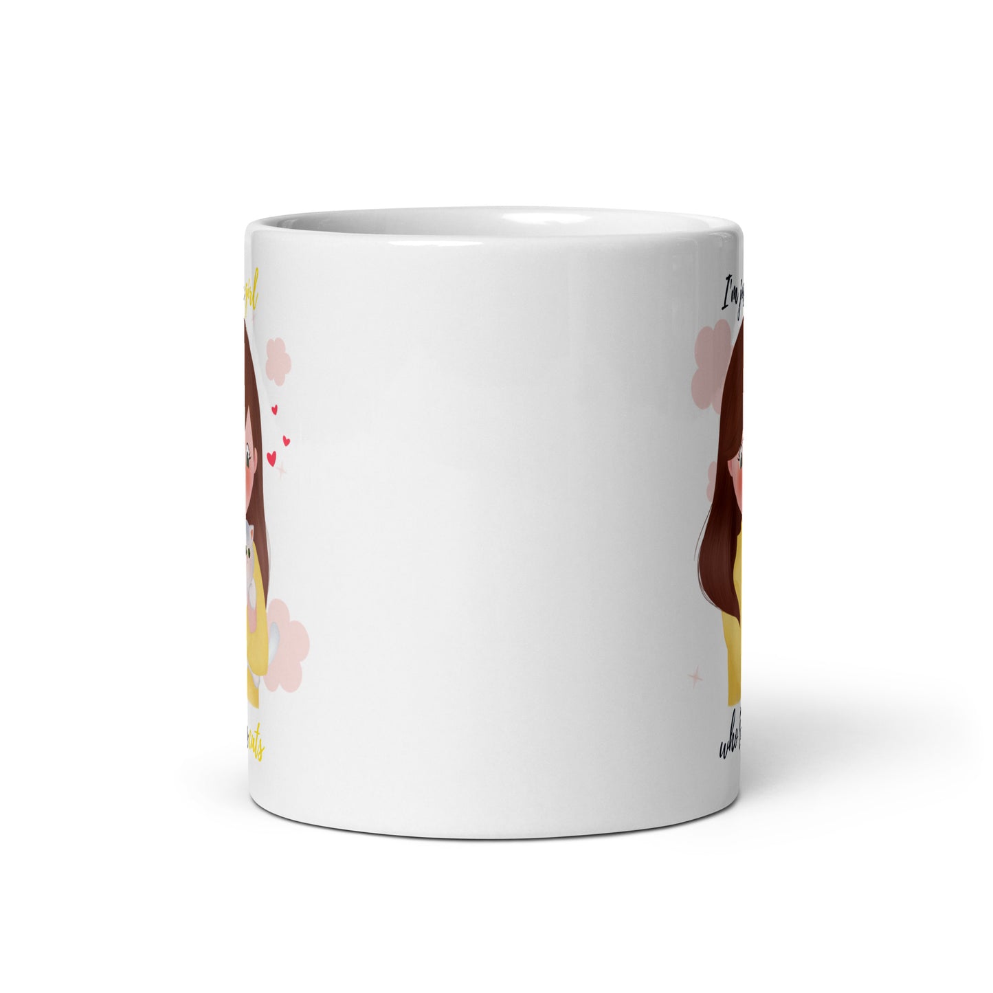White glossy mug - I'm just a girl who loves cats - Yellow