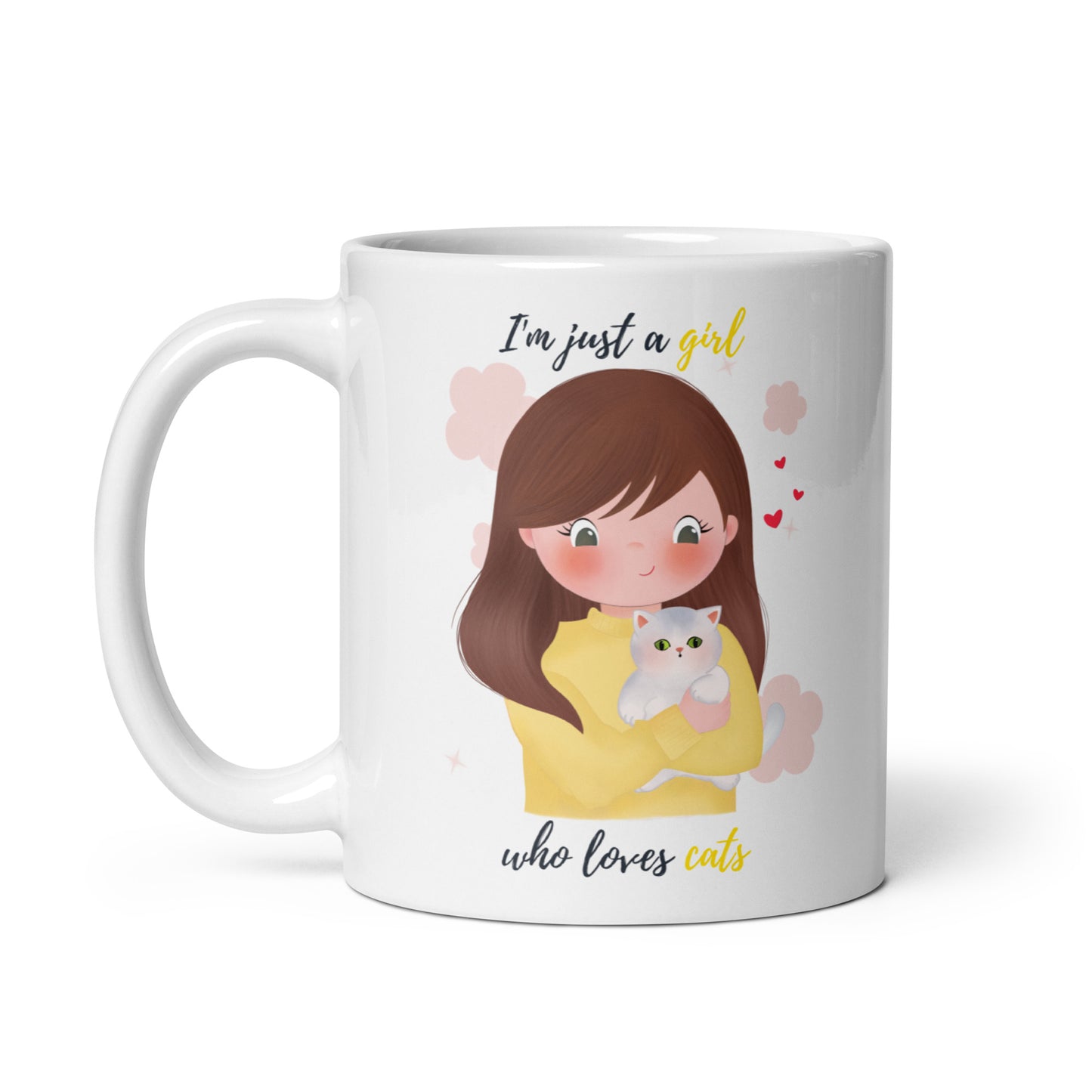 White glossy mug - I'm just a girl who loves cats - Yellow