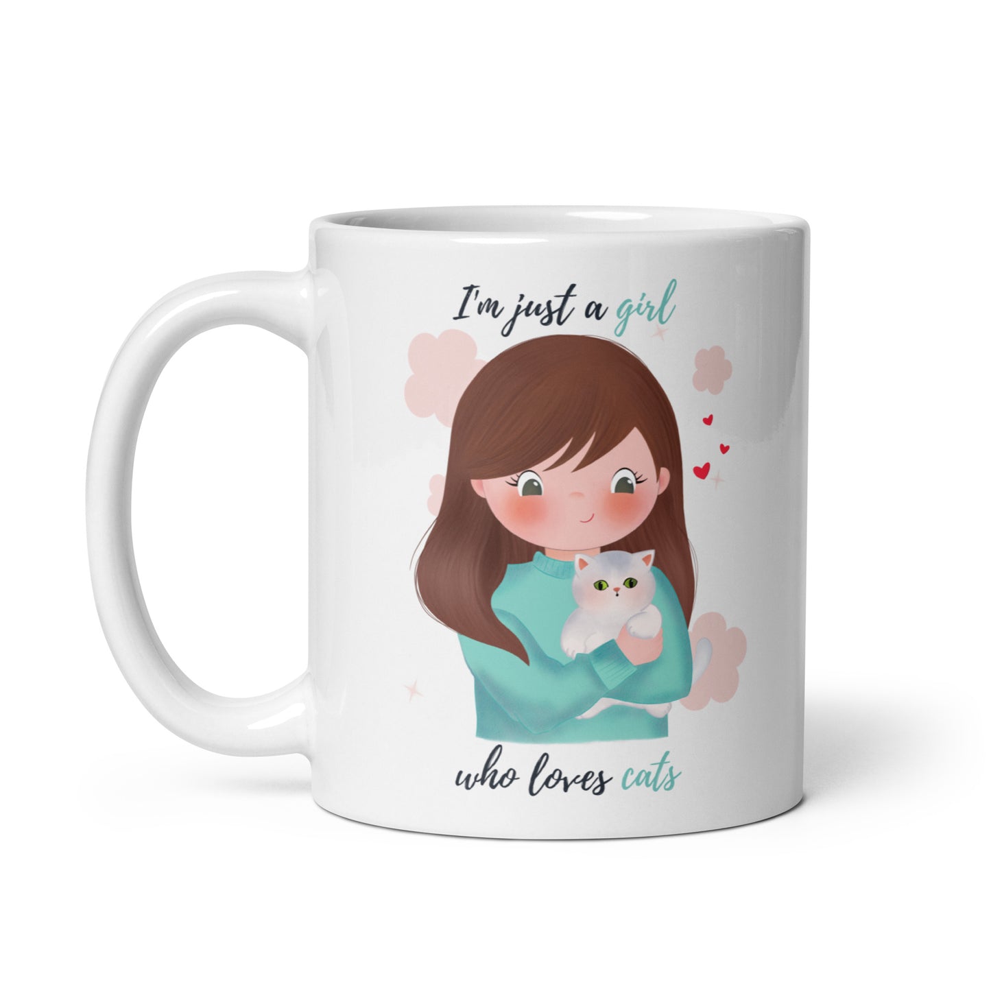 White glossy mug - I'm just a girl who loves cats - Turquoise