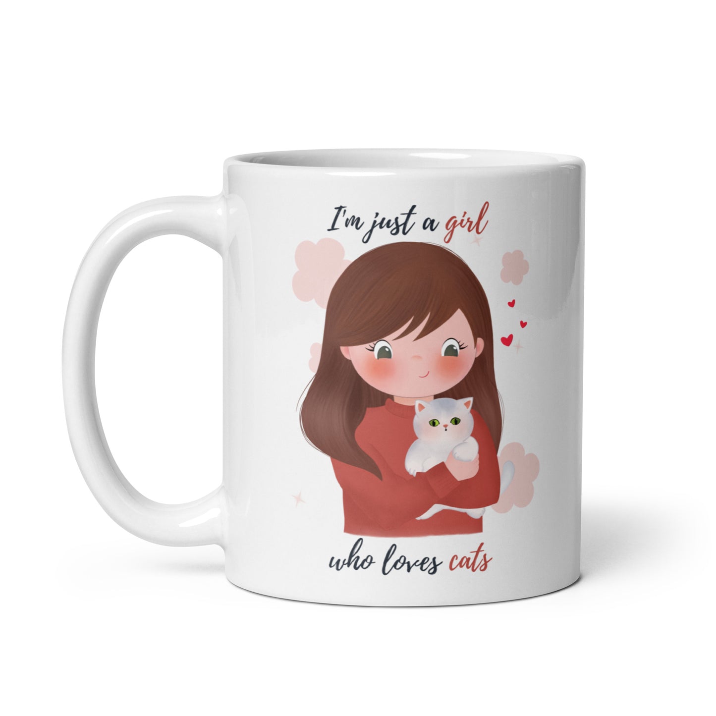 White glossy mug- I'm just a girl who loves cats - Maroon