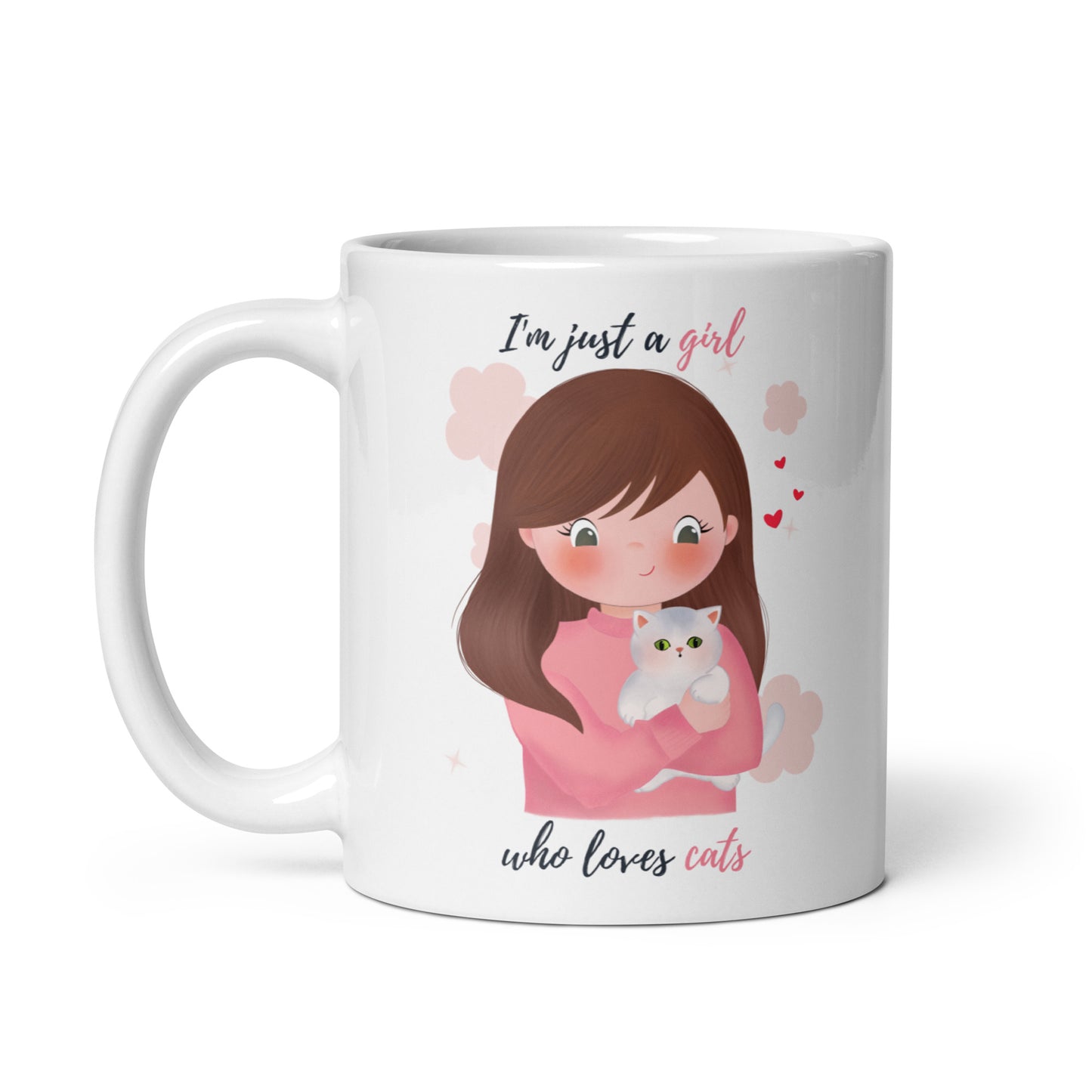 White glossy mug - I'm just a girl who loves cats - Pink