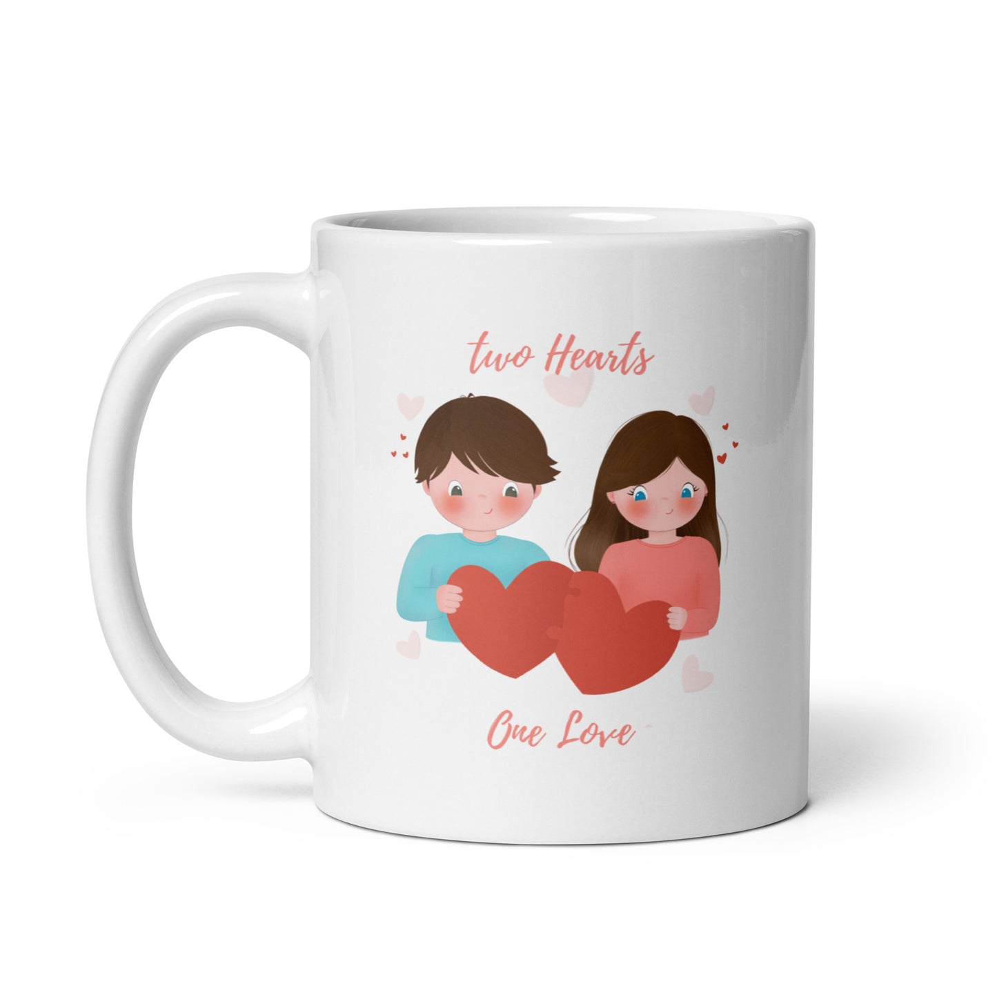White glossy mug - Two Hearts, One Love