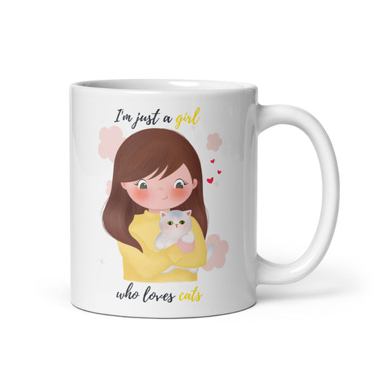 White glossy mug - I'm just a girl who loves cats - Yellow