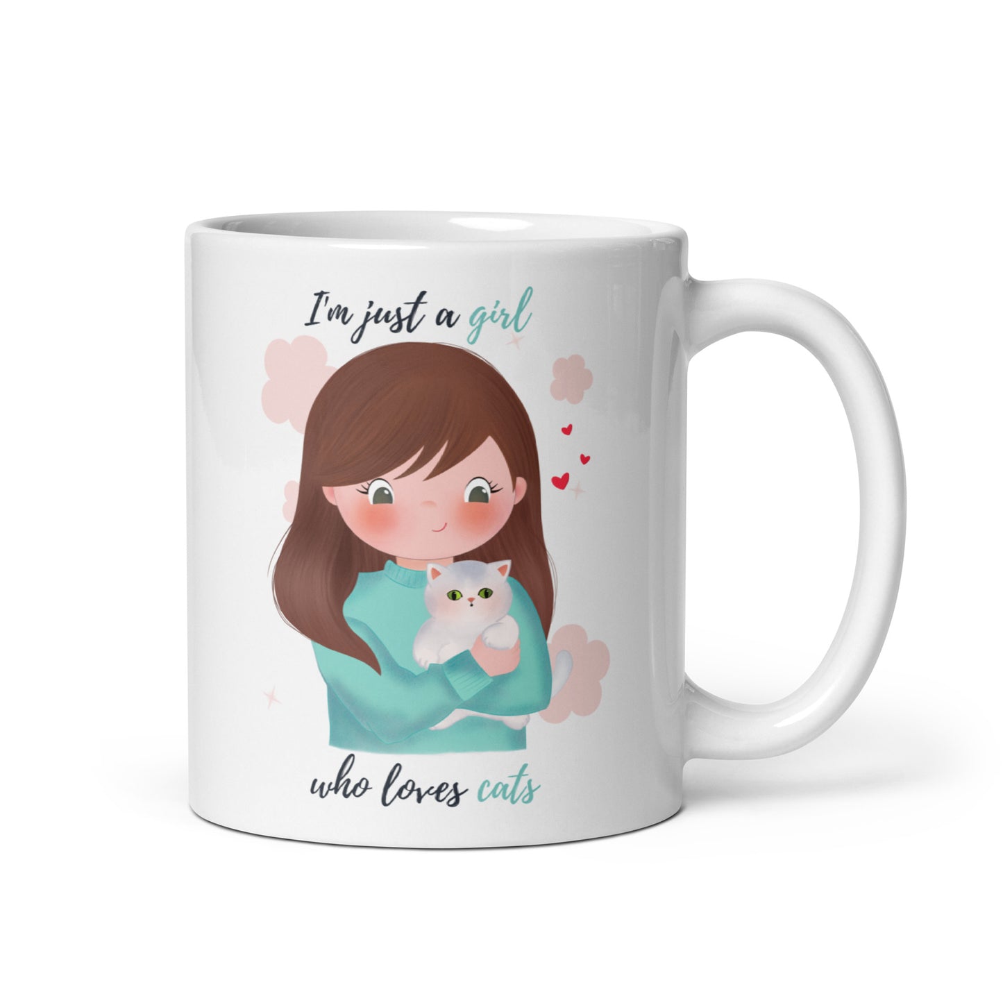 White glossy mug - I'm just a girl who loves cats - Turquoise