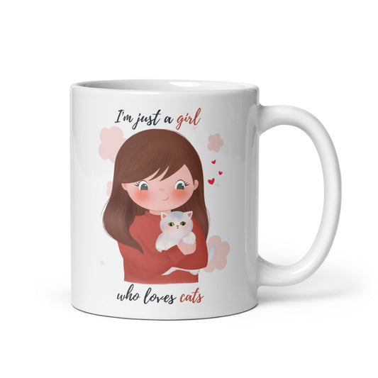 White glossy mug- I'm just a girl who loves cats - Maroon