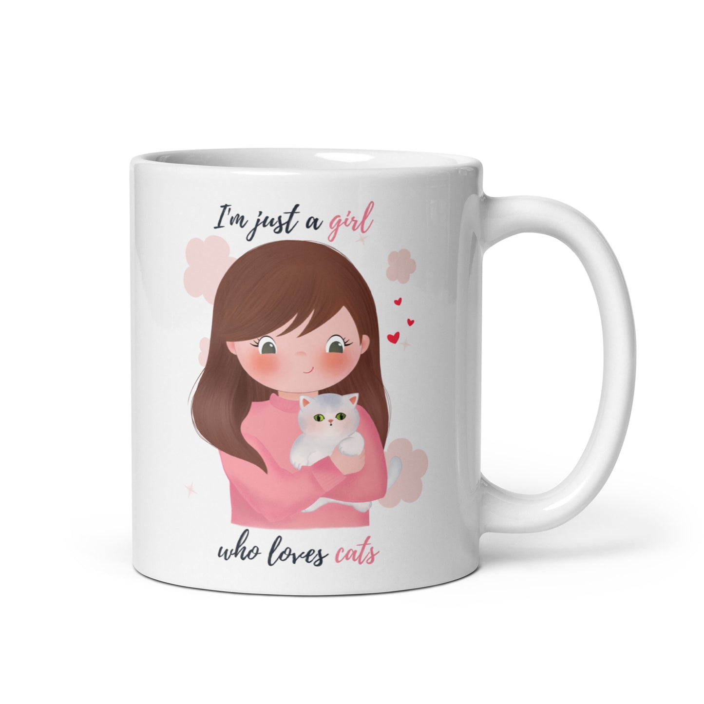 White glossy mug - I'm just a girl who loves cats - Pink