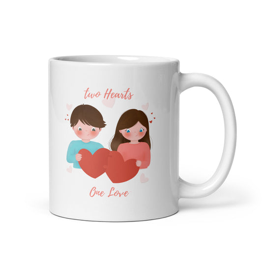 White glossy mug - Two Hearts, One Love