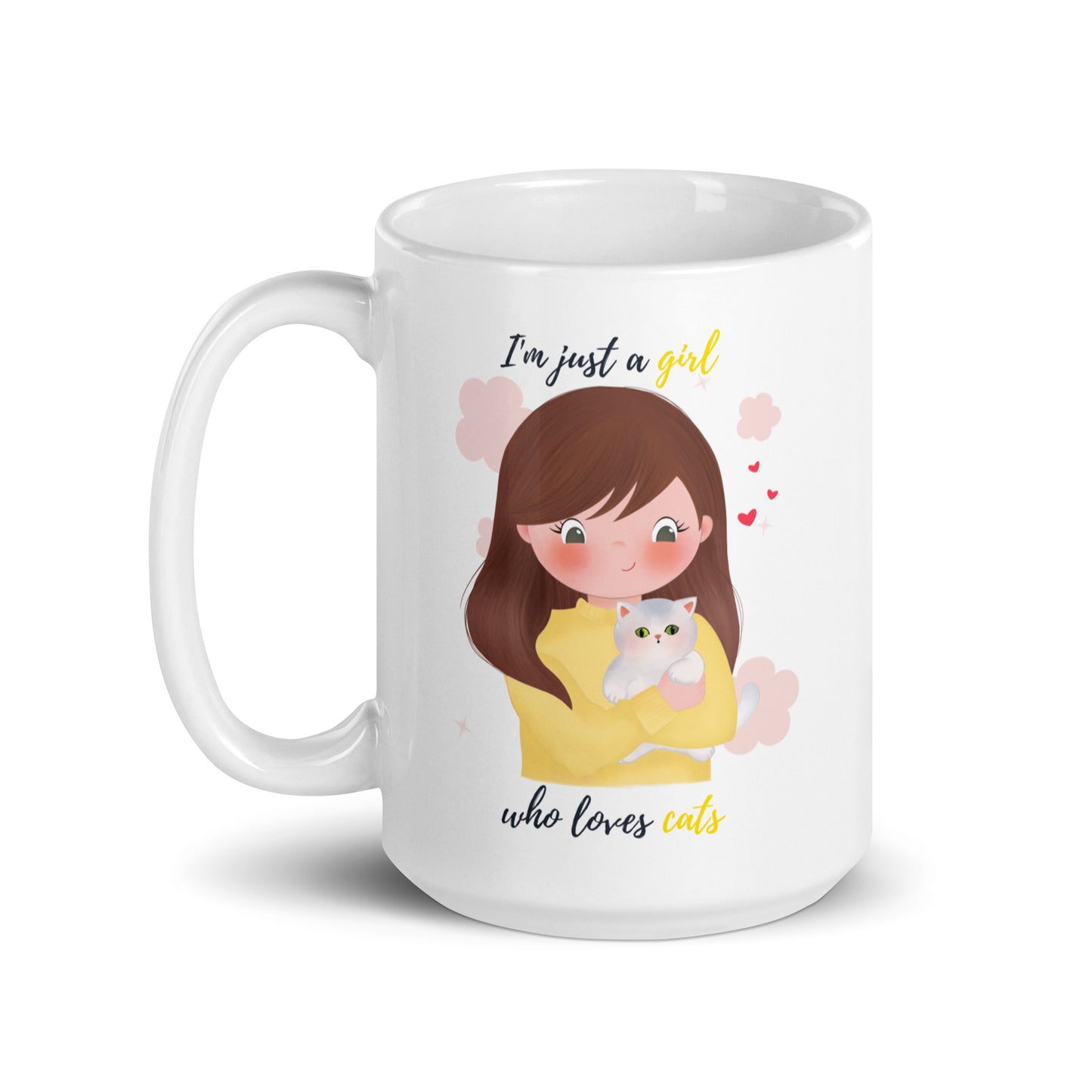 White glossy mug - I'm just a girl who loves cats - Yellow