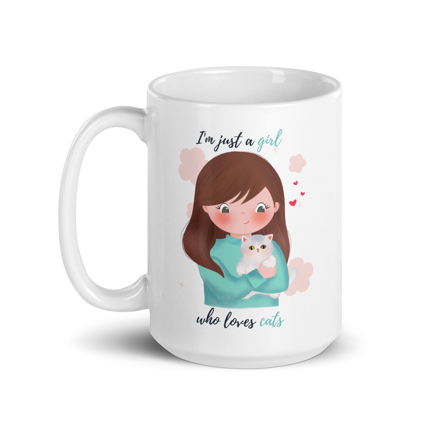 White glossy mug - I'm just a girl who loves cats - Turquoise