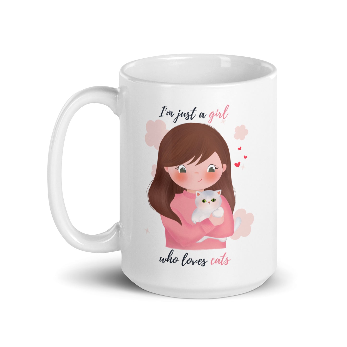 White glossy mug - I'm just a girl who loves cats - Pink