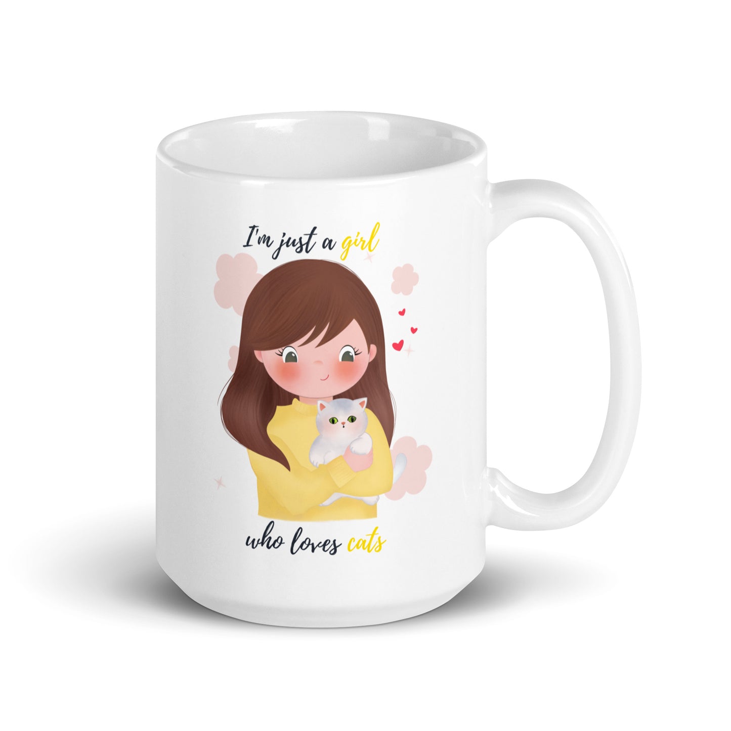 White glossy mug - I'm just a girl who loves cats - Yellow