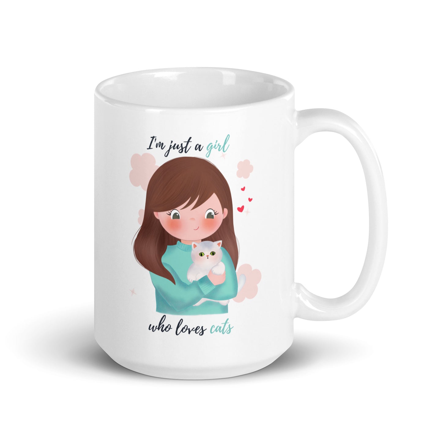 White glossy mug - I'm just a girl who loves cats - Turquoise